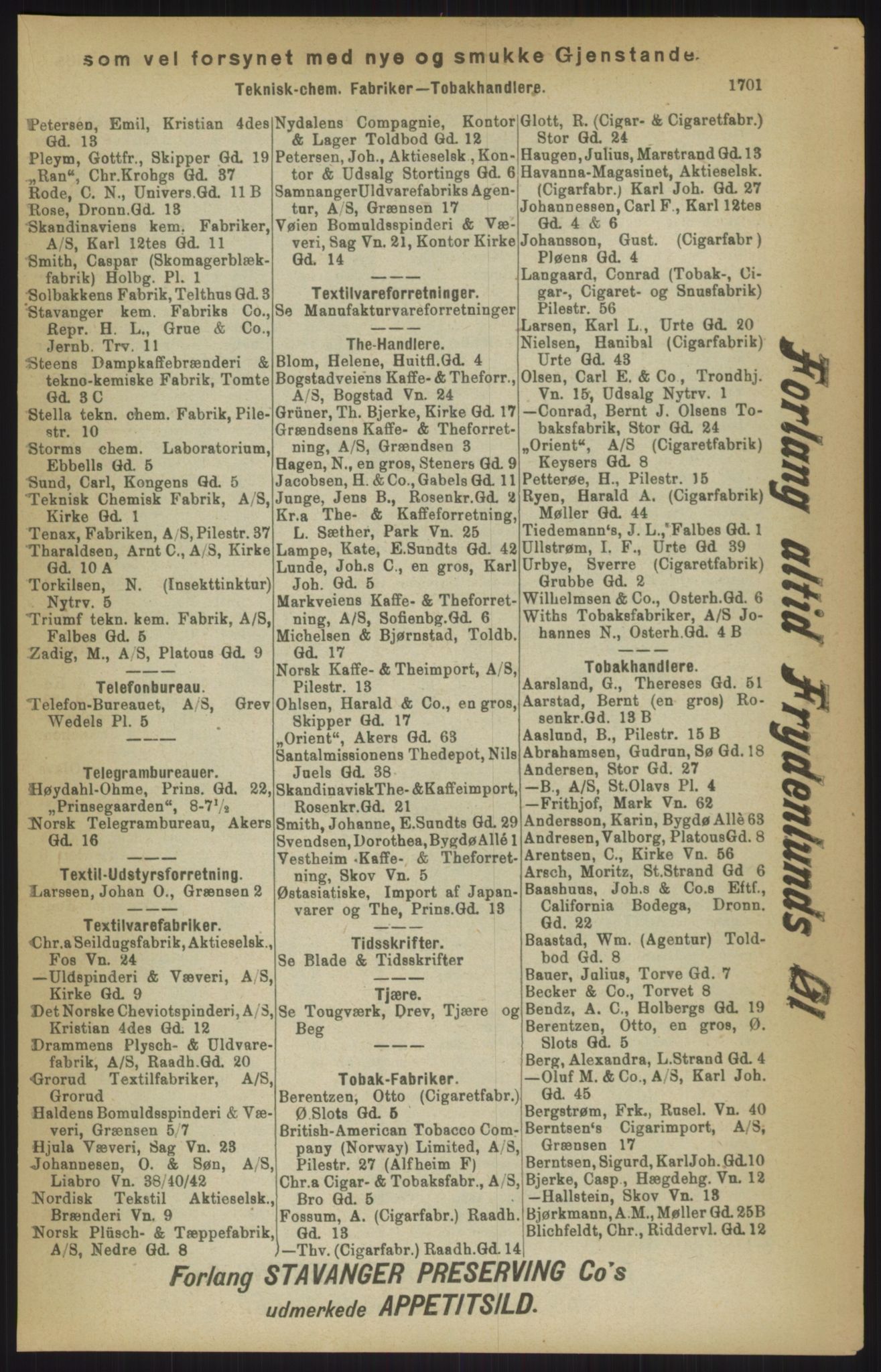 Kristiania/Oslo adressebok, PUBL/-, 1911, p. 1701