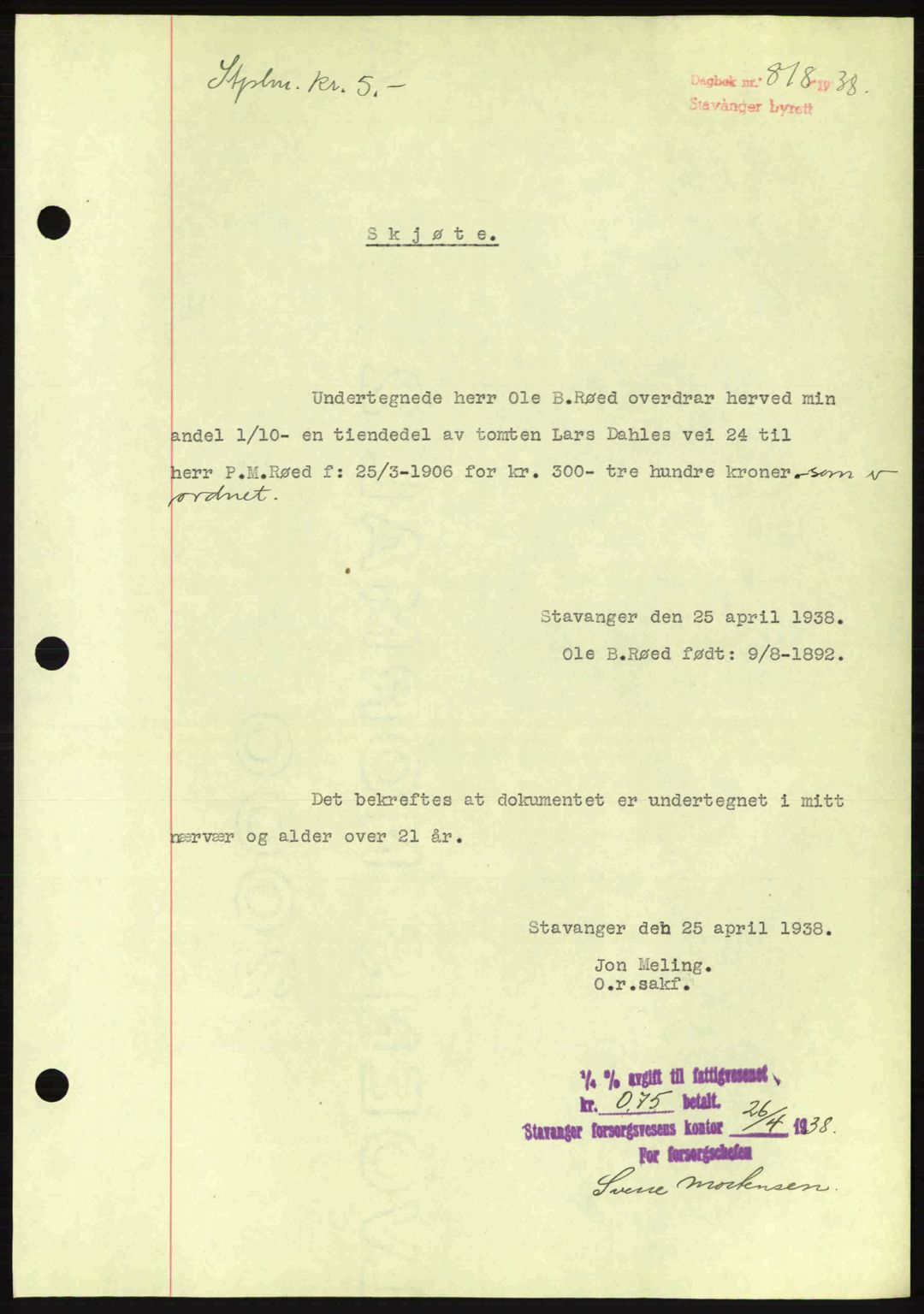 Stavanger byrett, SAST/A-100455/002/G/Gb/L0013: Mortgage book no. A3, 1937-1938, Diary no: : 818/1938