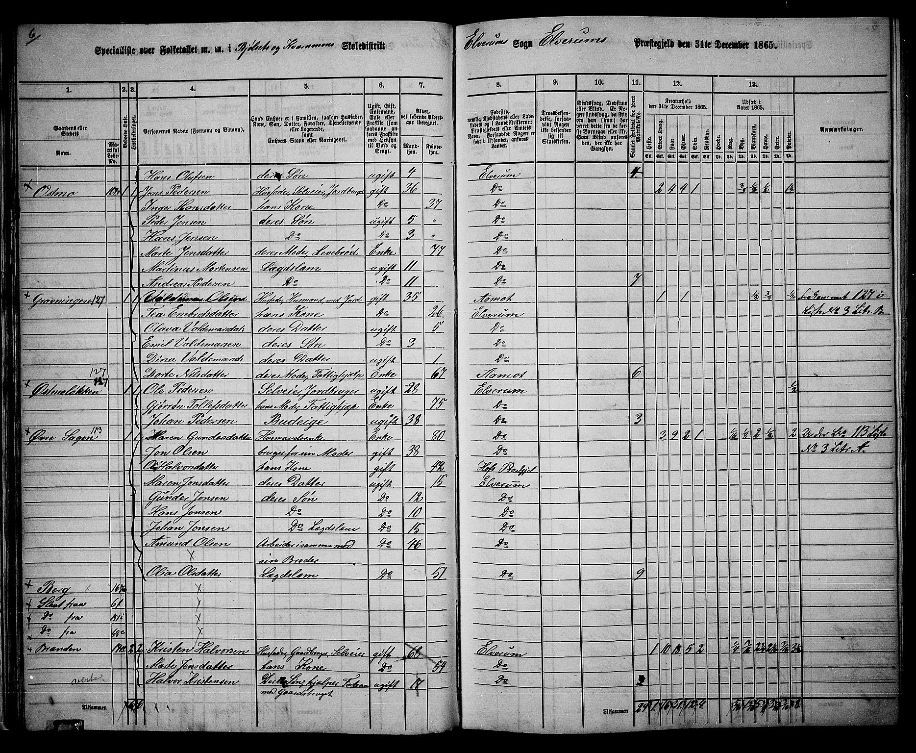 RA, 1865 census for Elverum, 1865, p. 30