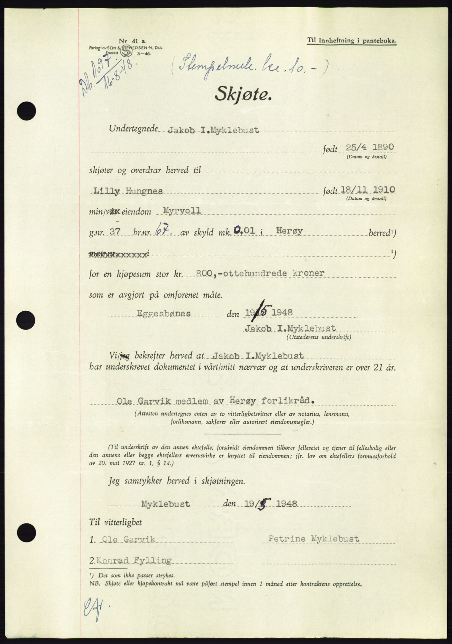 Søre Sunnmøre sorenskriveri, AV/SAT-A-4122/1/2/2C/L0082: Mortgage book no. 8A, 1948-1948, Diary no: : 1097/1948