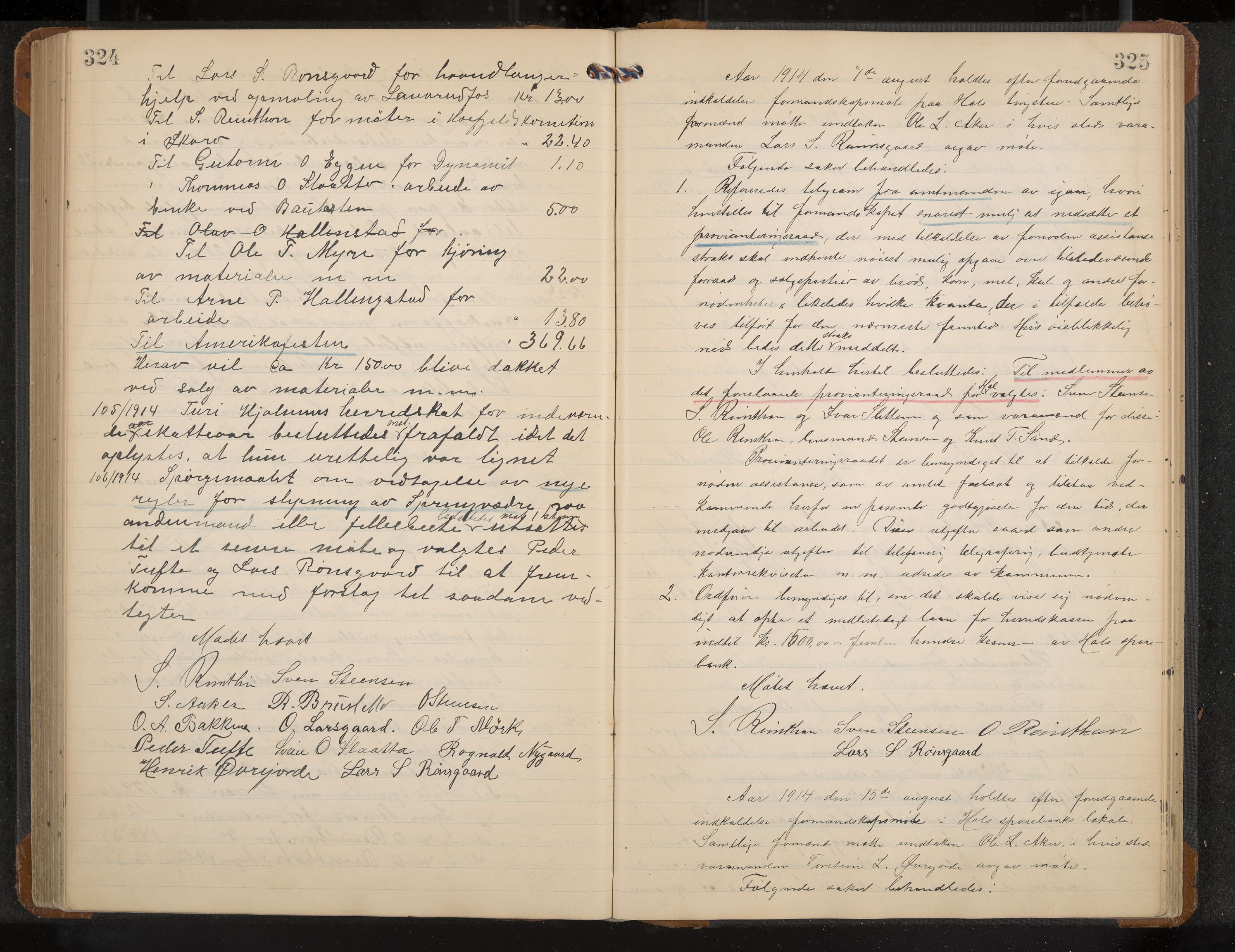 Hol formannskap og sentraladministrasjon, IKAK/0620021-1/A/L0005: Møtebok, 1909-1915, p. 324-325