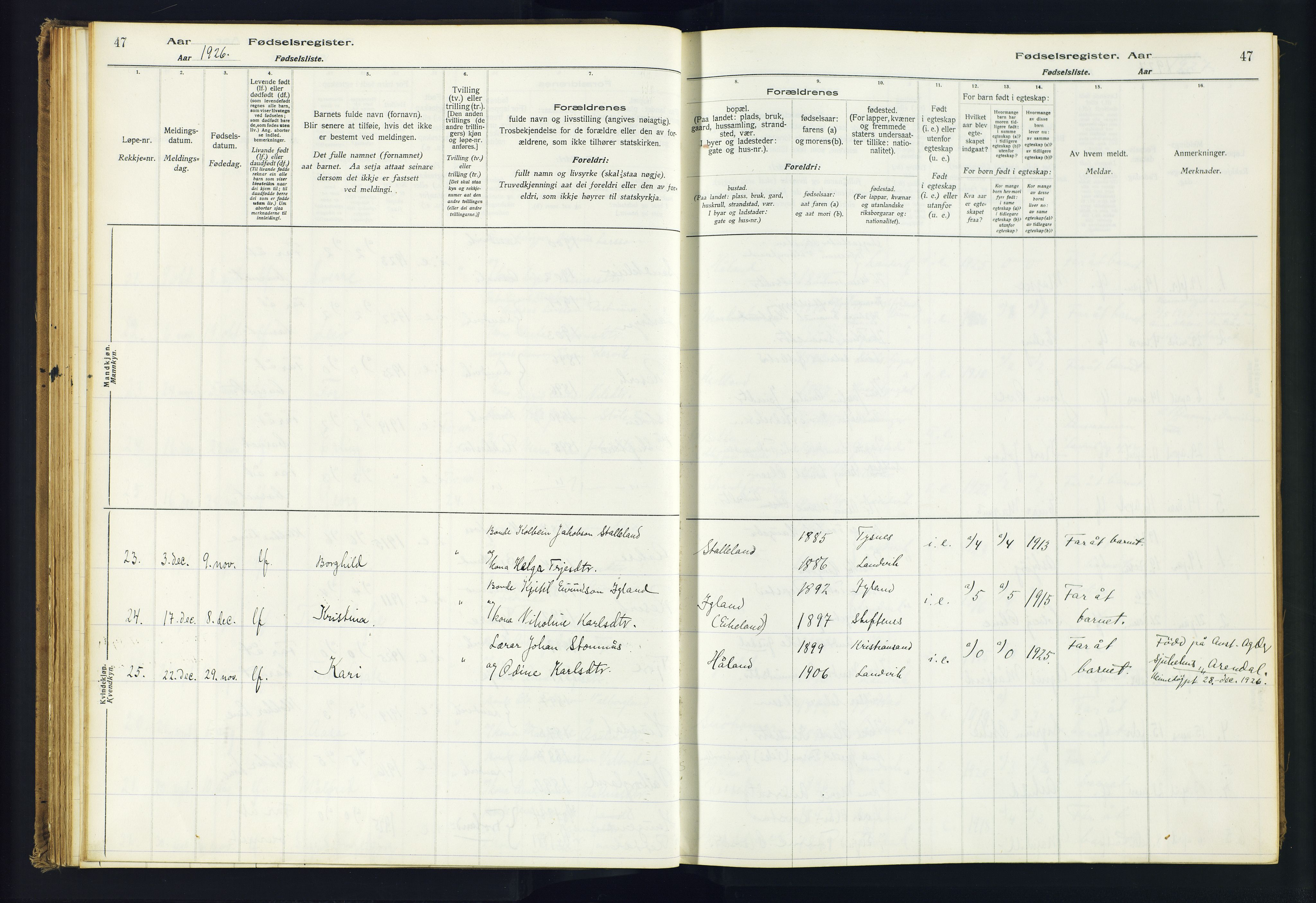 Hommedal sokneprestkontor, AV/SAK-1111-0023/J/Jd/L0001: Birth register no. 1, 1916-1962, p. 47