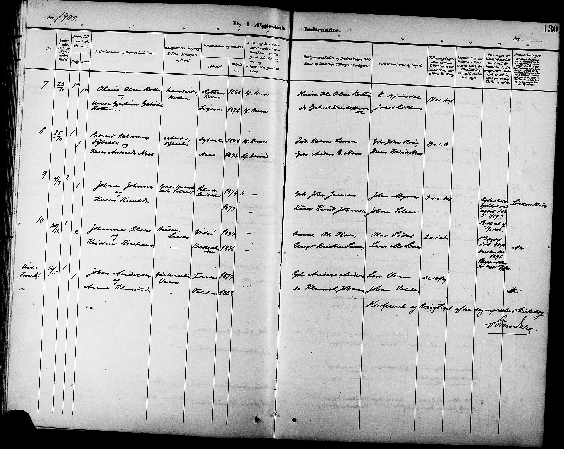 Ministerialprotokoller, klokkerbøker og fødselsregistre - Sør-Trøndelag, AV/SAT-A-1456/630/L0505: Parish register (copy) no. 630C03, 1899-1914, p. 130