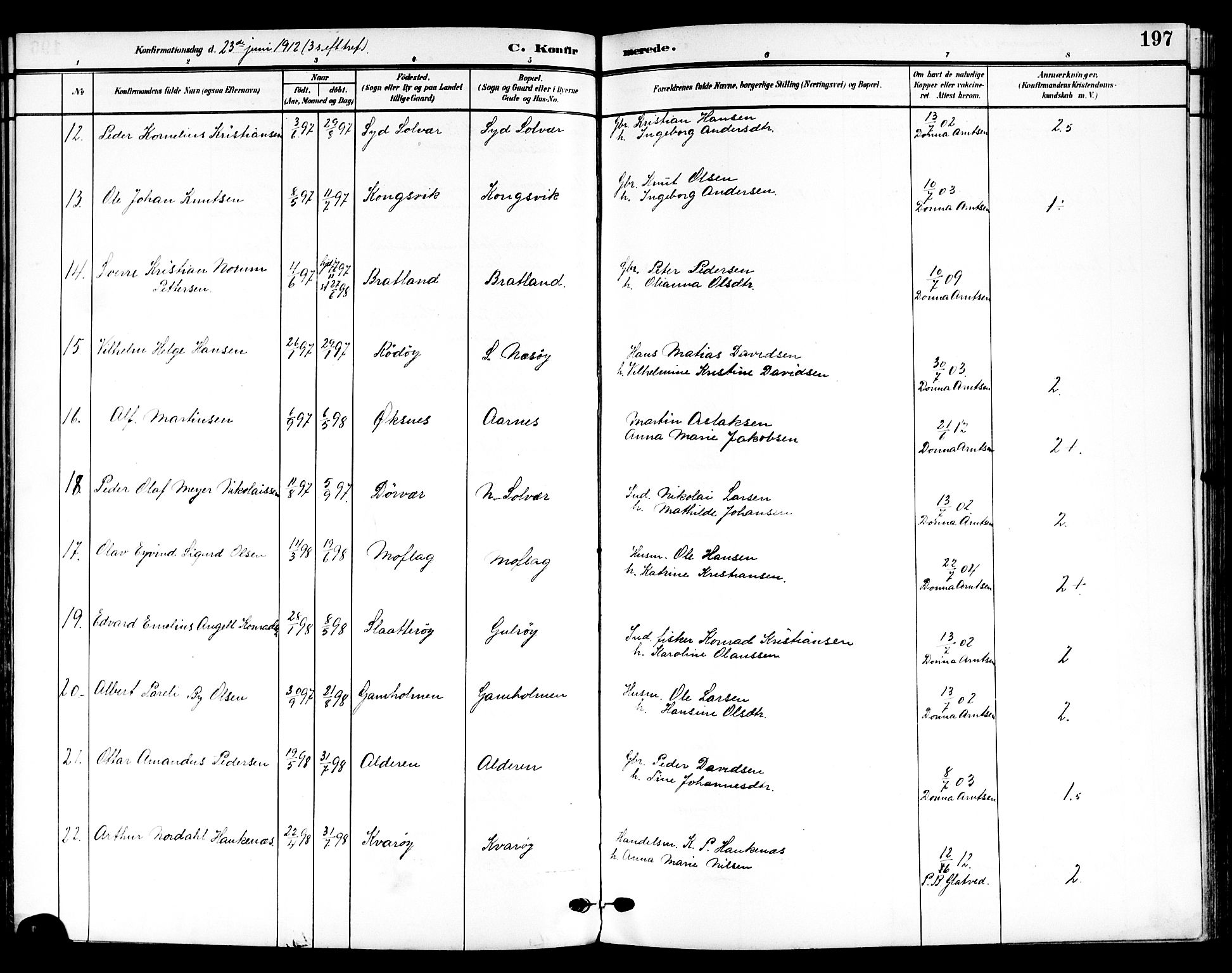 Ministerialprotokoller, klokkerbøker og fødselsregistre - Nordland, AV/SAT-A-1459/839/L0569: Parish register (official) no. 839A06, 1903-1922, p. 197