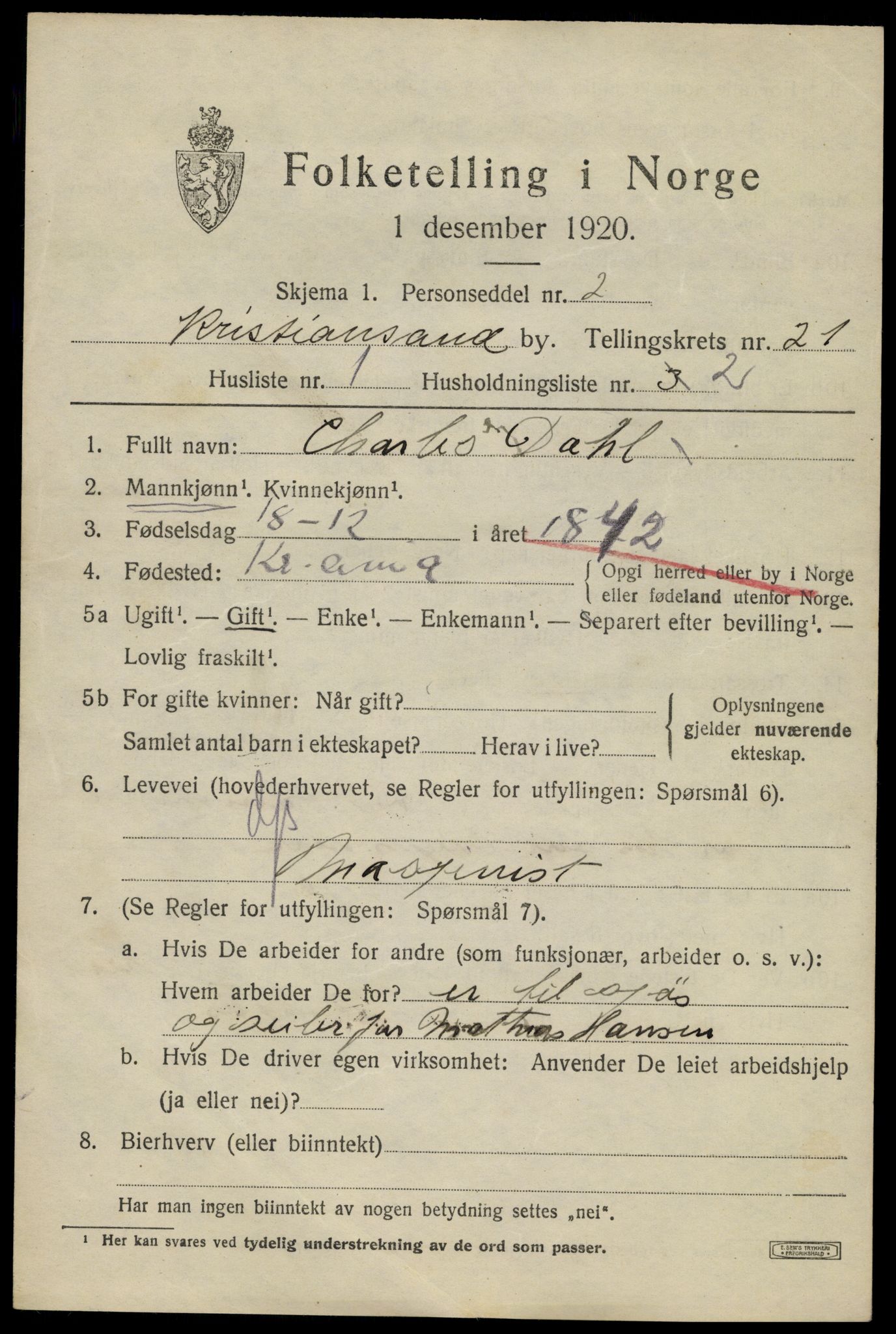 SAK, 1920 census for Kristiansand, 1920, p. 36987