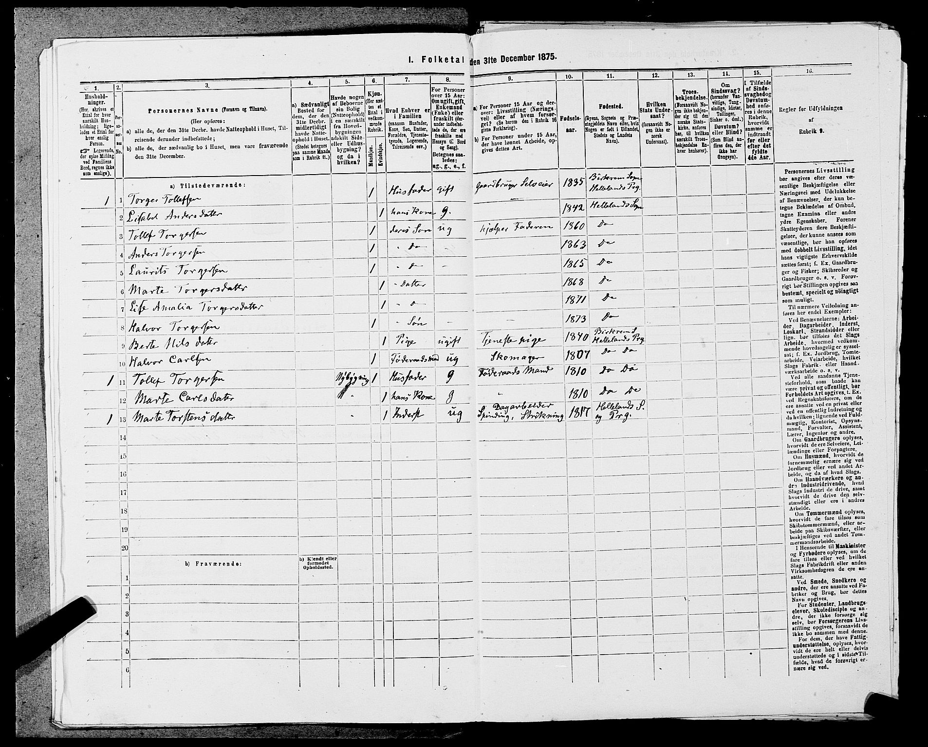 SAST, 1875 census for 1115P Helleland, 1875, p. 70