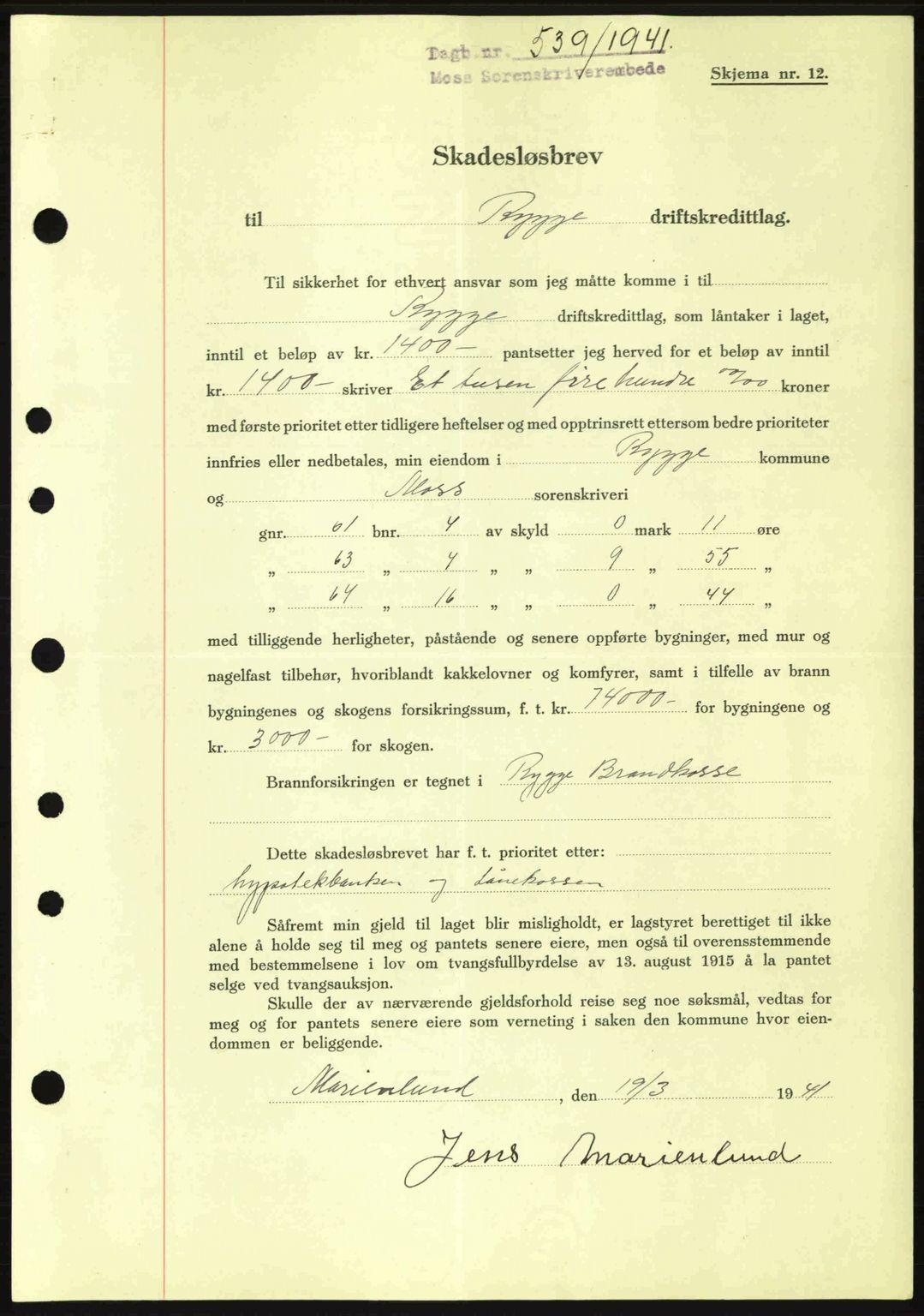 Moss sorenskriveri, SAO/A-10168: Mortgage book no. B10, 1940-1941, Diary no: : 539/1941