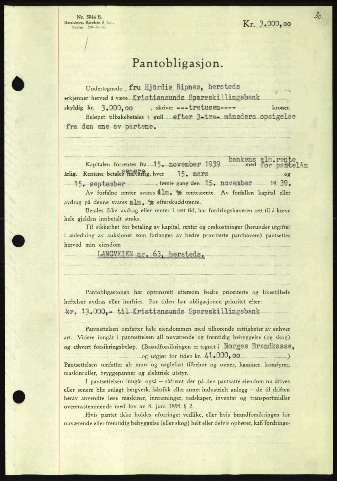 Kristiansund byfogd, AV/SAT-A-4587/A/27: Mortgage book no. 33, 1939-1941, Diary no: : 916/1939