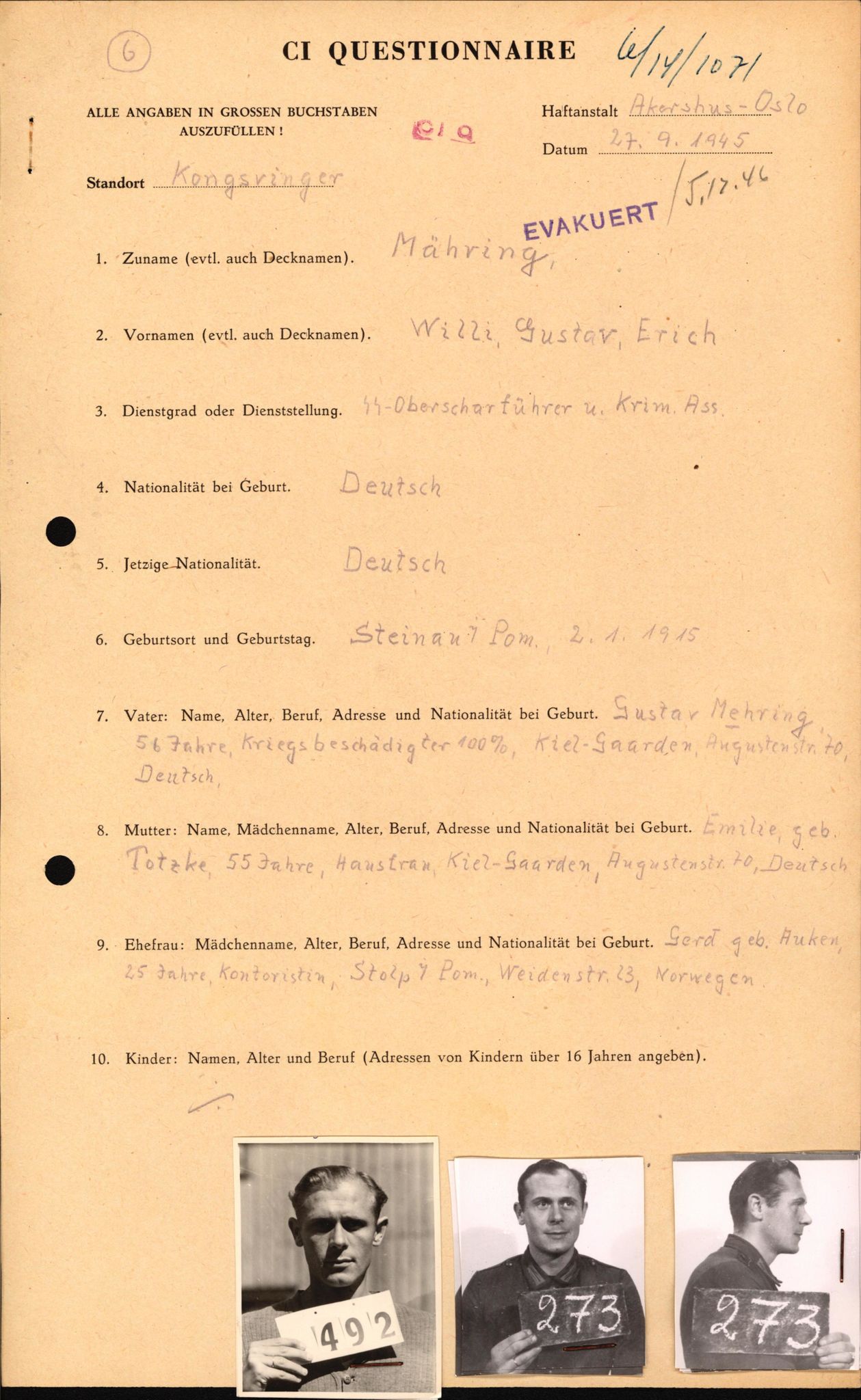 Forsvaret, Forsvarets overkommando II, AV/RA-RAFA-3915/D/Db/L0023: CI Questionaires. Tyske okkupasjonsstyrker i Norge. Tyskere., 1945-1946, p. 332