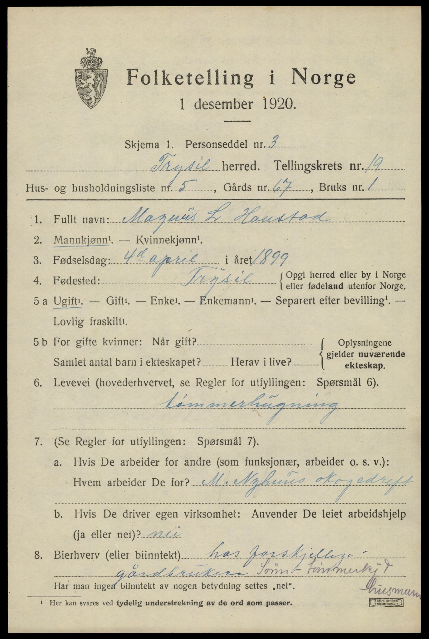 SAH, 1920 census for Trysil, 1920, p. 12755
