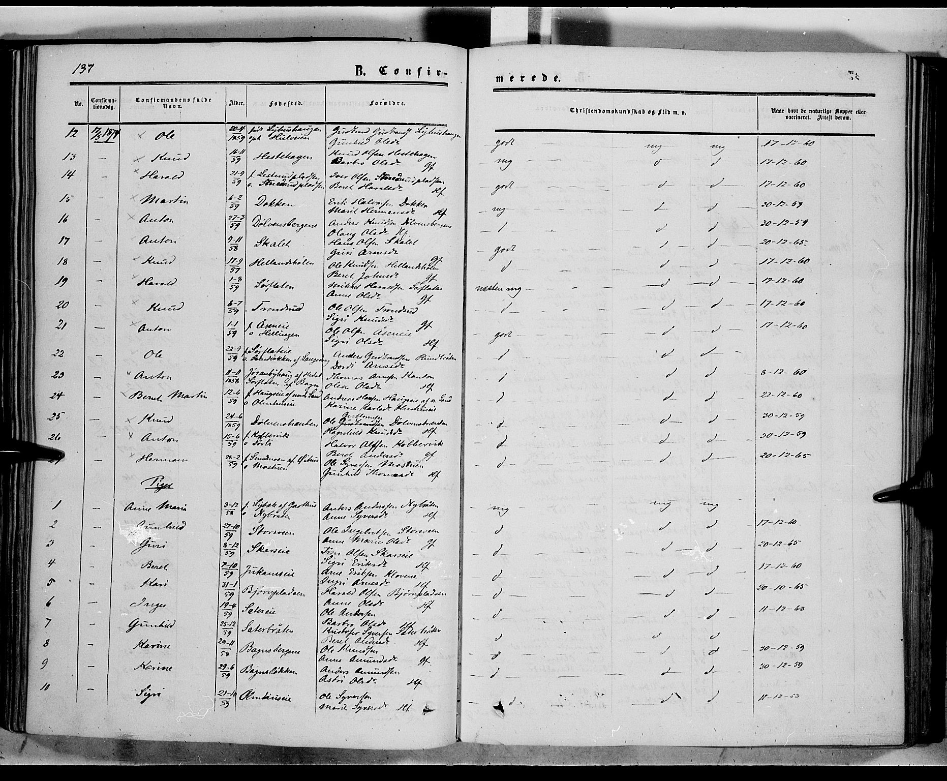 Sør-Aurdal prestekontor, SAH/PREST-128/H/Ha/Haa/L0005: Parish register (official) no. 5, 1849-1876, p. 137