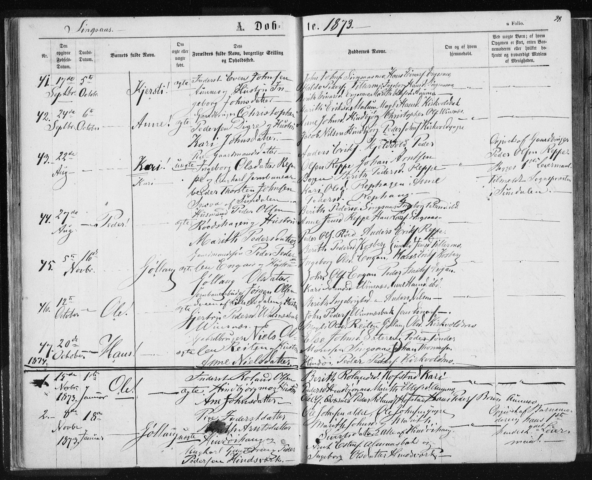 Ministerialprotokoller, klokkerbøker og fødselsregistre - Sør-Trøndelag, SAT/A-1456/685/L0970: Parish register (official) no. 685A08 /2, 1870-1878, p. 38