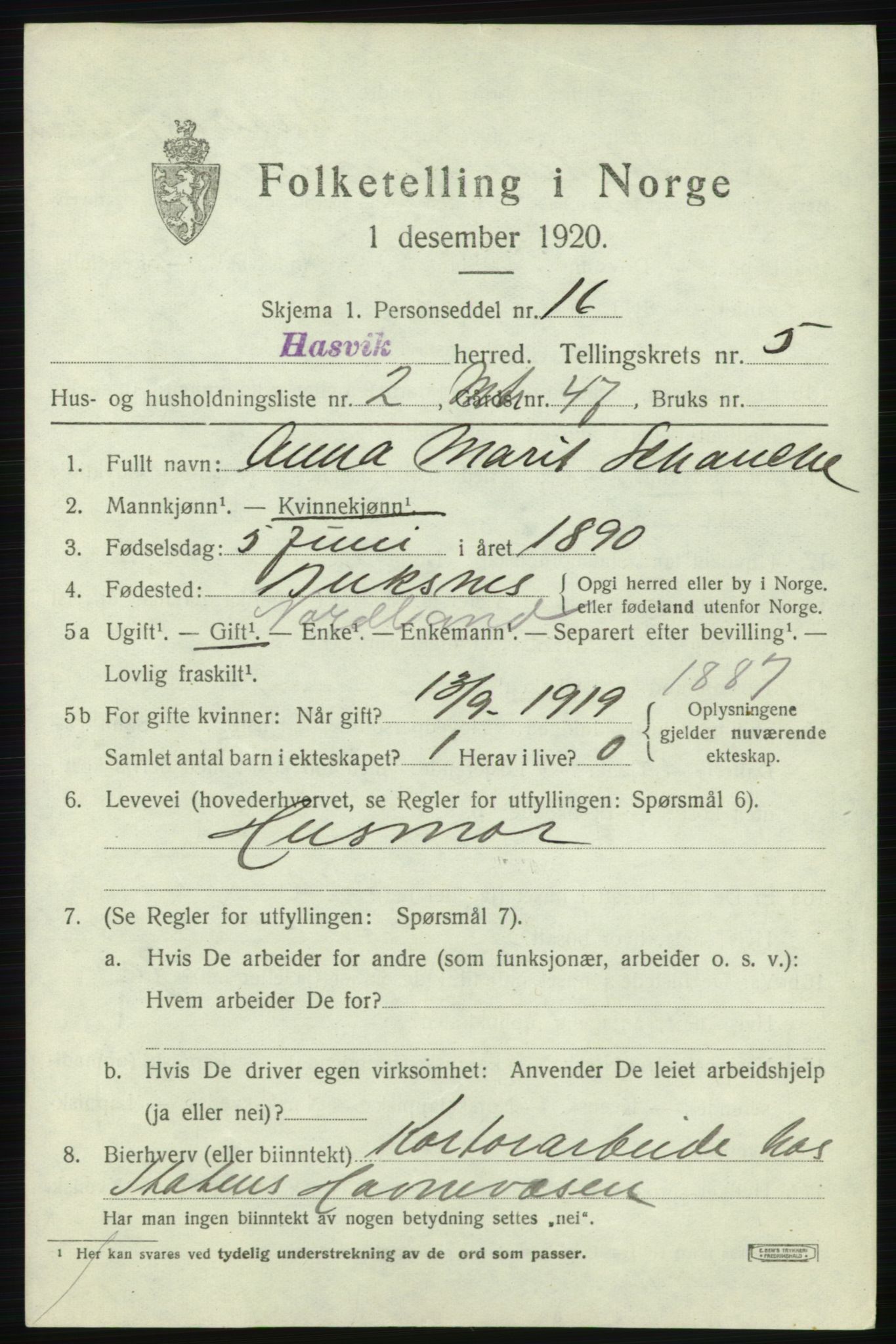 SATØ, 1920 census for Hasvik, 1920, p. 2355