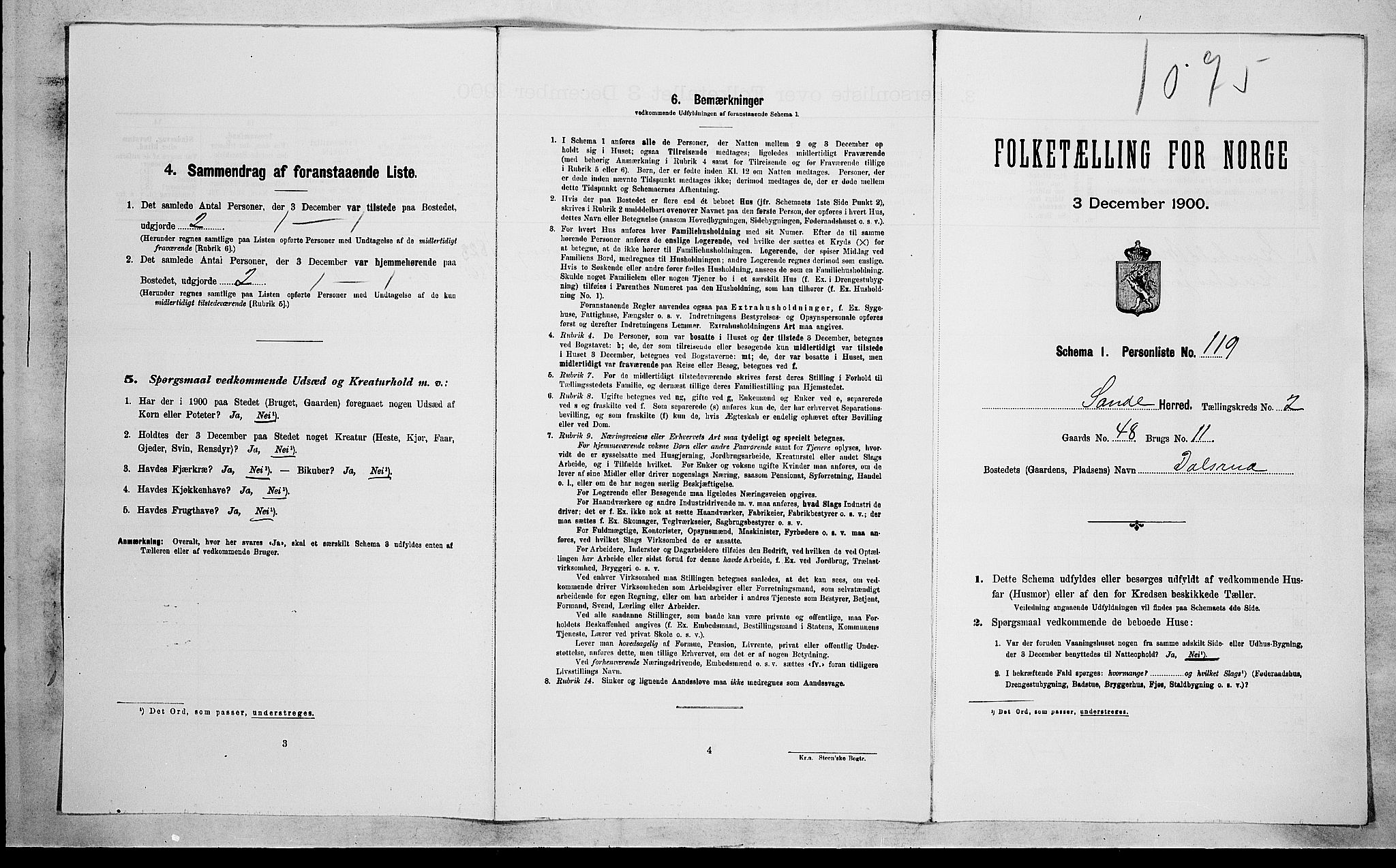 RA, 1900 census for Sande, 1900, p. 454