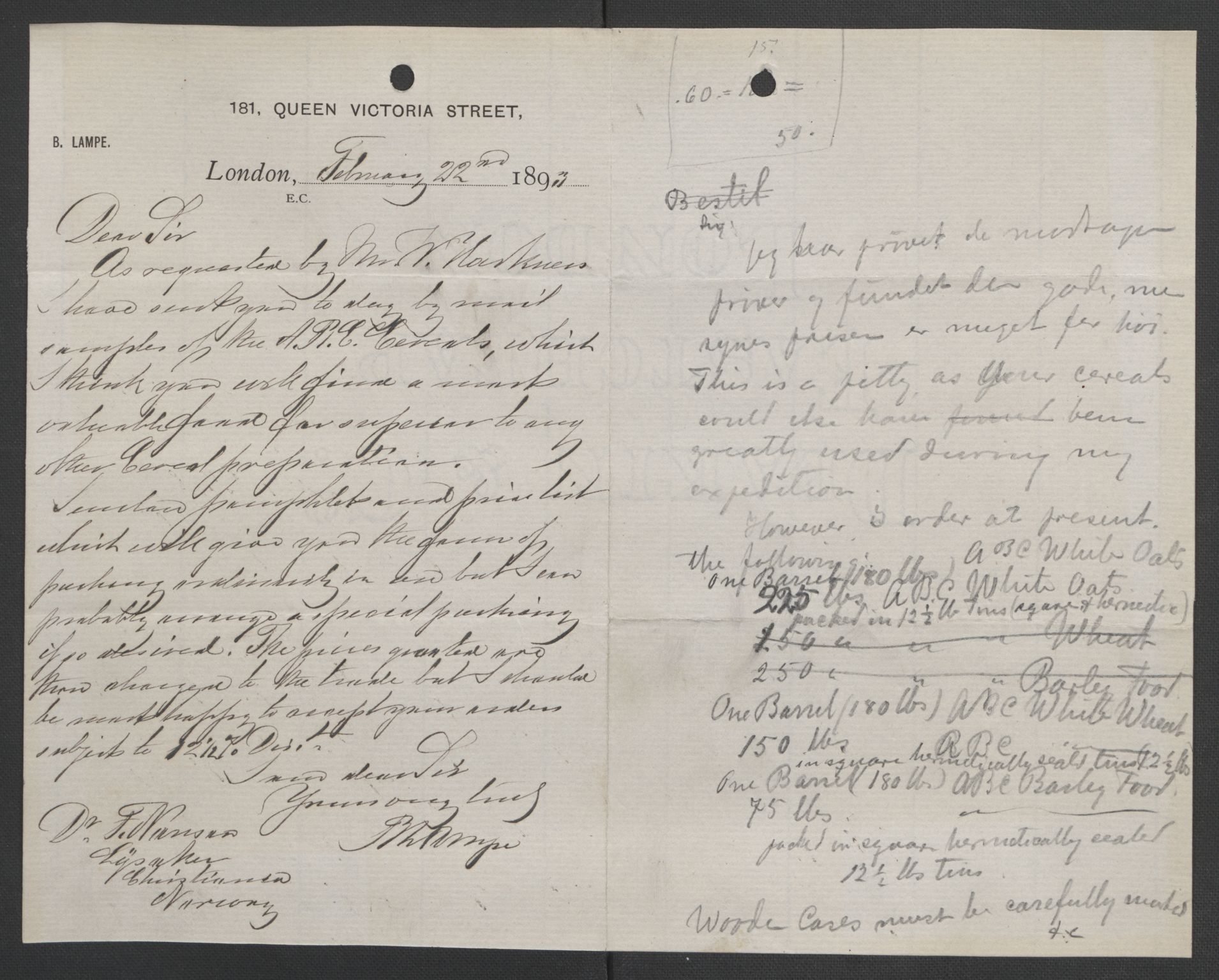 Arbeidskomitéen for Fridtjof Nansens polarekspedisjon, RA/PA-0061/D/L0004: Innk. brev og telegrammer vedr. proviant og utrustning, 1892-1893, p. 352