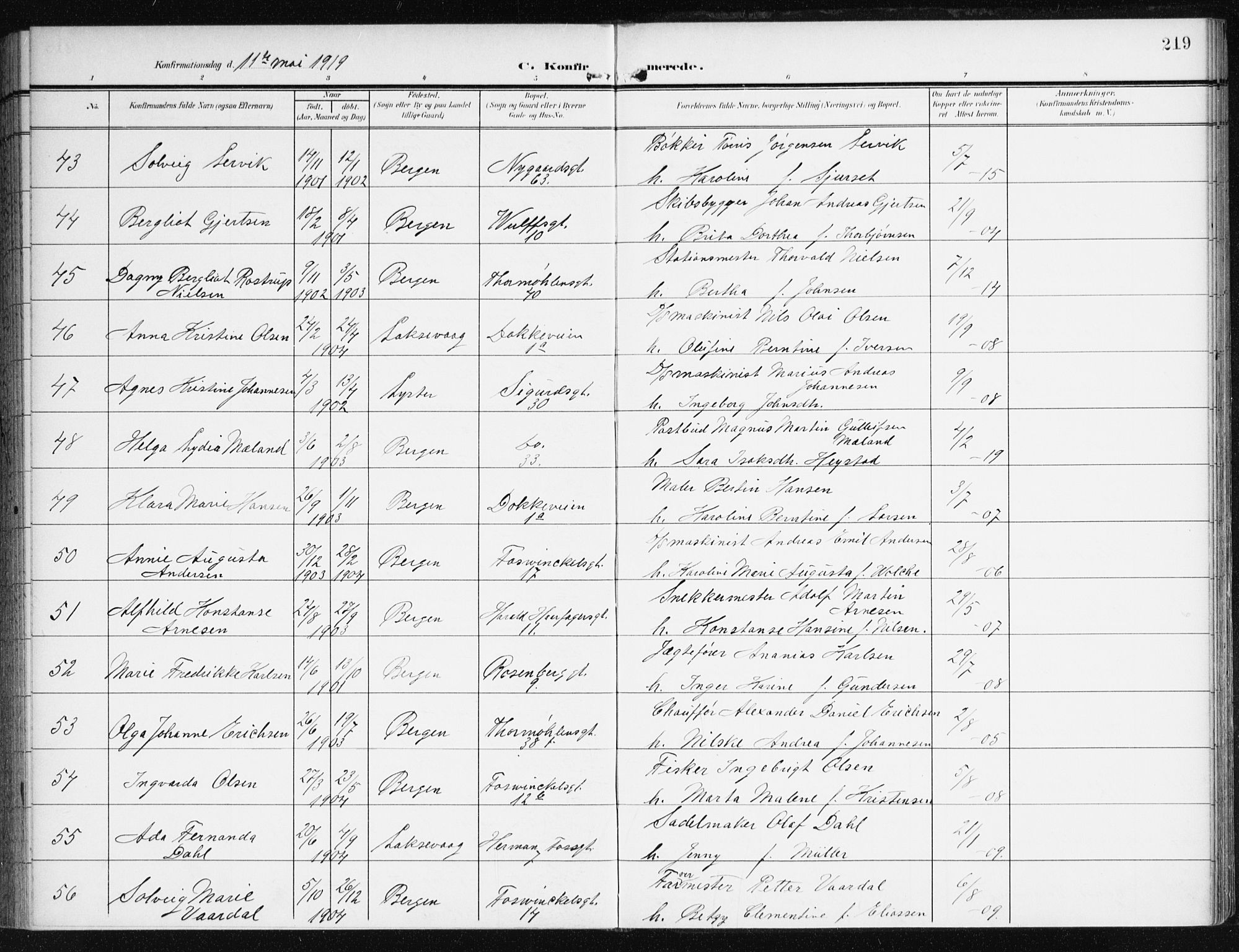 Johanneskirken sokneprestembete, AV/SAB-A-76001/H/Haa/L0009: Parish register (official) no. C 2, 1907-1924, p. 219