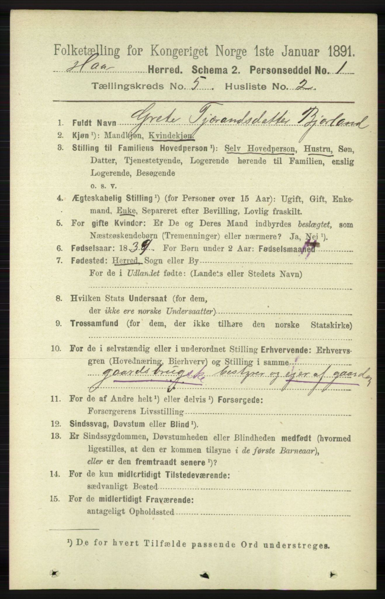 RA, 1891 census for 1119 Hå, 1891, p. 1348