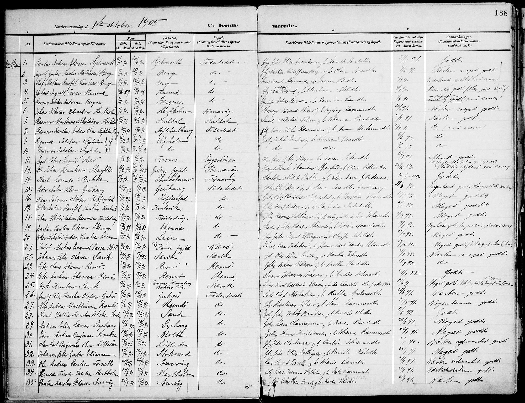 Ministerialprotokoller, klokkerbøker og fødselsregistre - Møre og Romsdal, SAT/A-1454/507/L0075: Parish register (official) no. 507A10, 1901-1920, p. 188