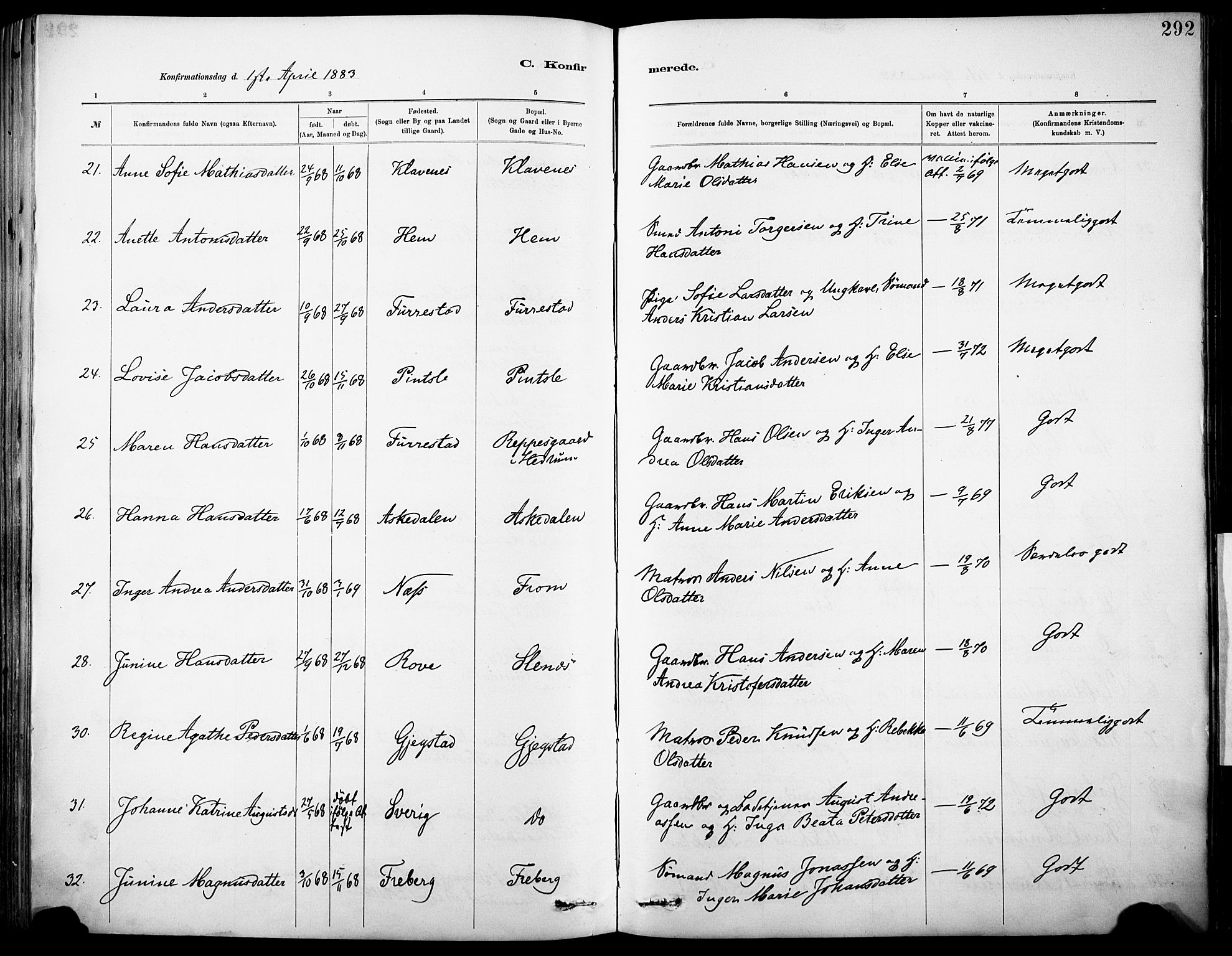 Sandar kirkebøker, AV/SAKO-A-243/F/Fa/L0012: Parish register (official) no. 12, 1883-1895, p. 292