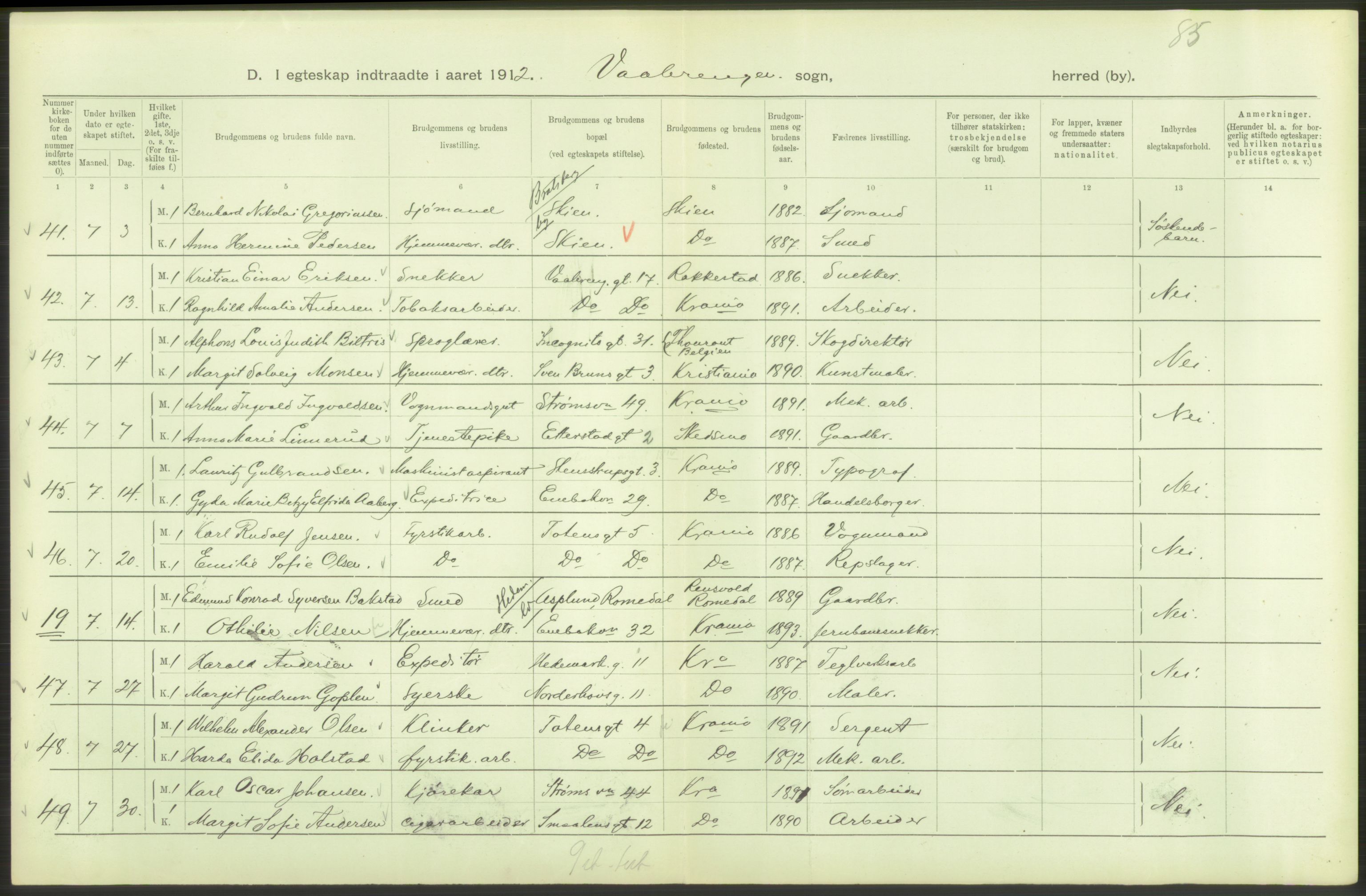 Statistisk sentralbyrå, Sosiodemografiske emner, Befolkning, AV/RA-S-2228/D/Df/Dfb/Dfbb/L0008: Kristiania: Gifte, 1912, p. 128