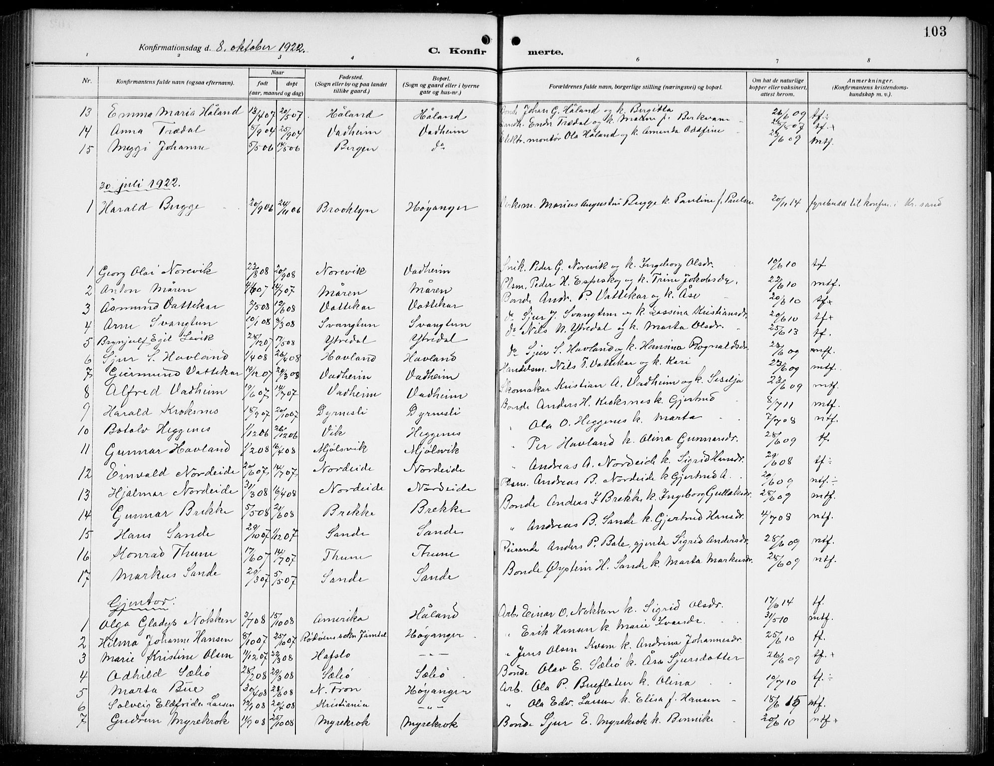 Lavik sokneprestembete, SAB/A-80901: Parish register (copy) no. B 4, 1914-1937, p. 103