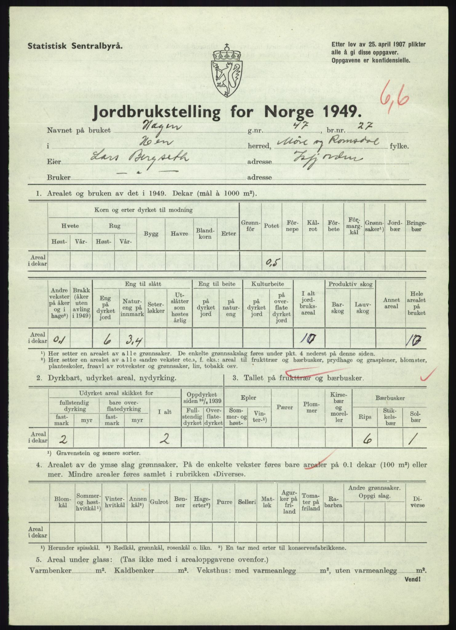 Statistisk sentralbyrå, Næringsøkonomiske emner, Jordbruk, skogbruk, jakt, fiske og fangst, AV/RA-S-2234/G/Gc/L0323: Møre og Romsdal: Grytten og Hen, 1949, p. 545