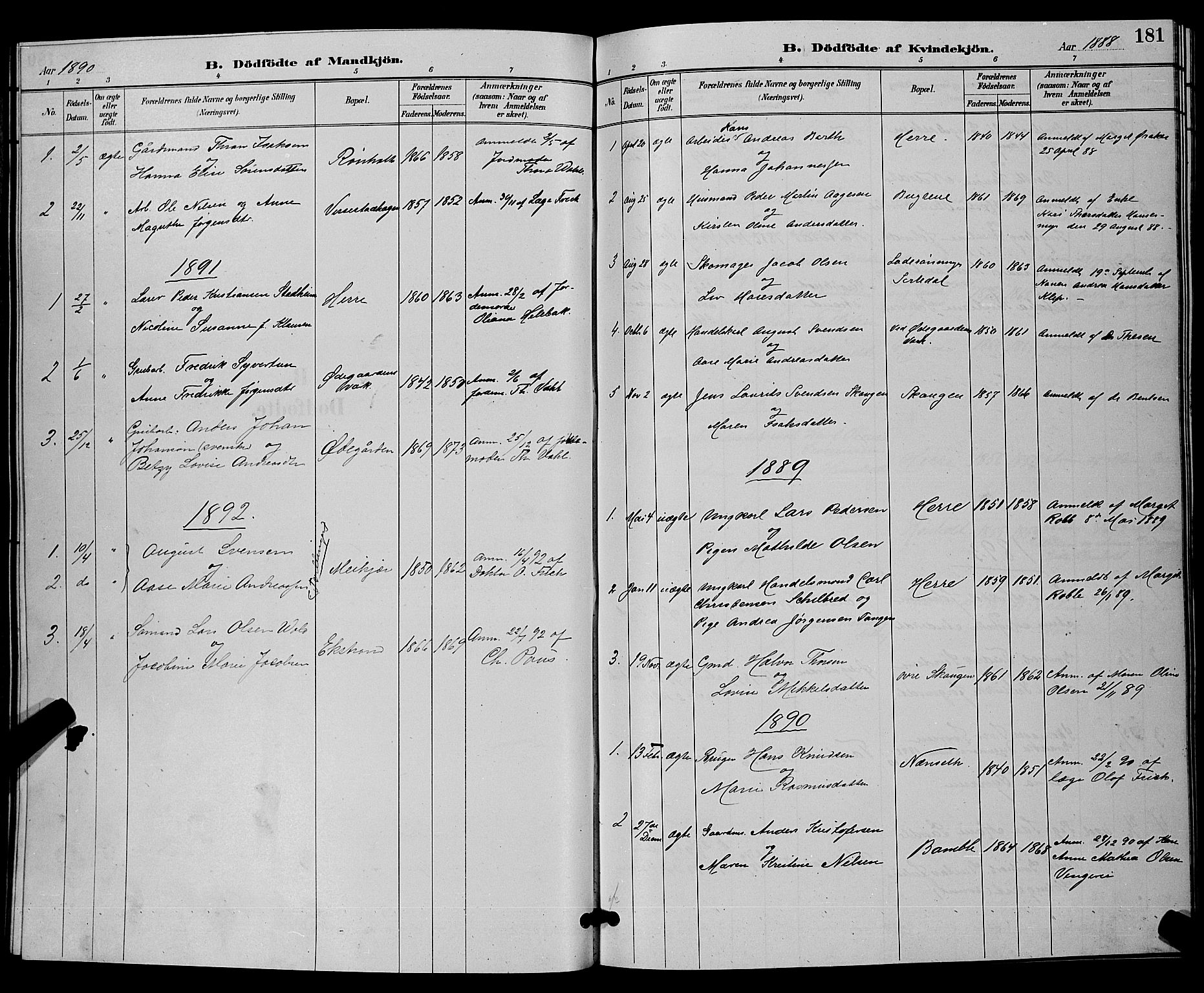 Bamble kirkebøker, AV/SAKO-A-253/G/Ga/L0009: Parish register (copy) no. I 9, 1888-1900, p. 181