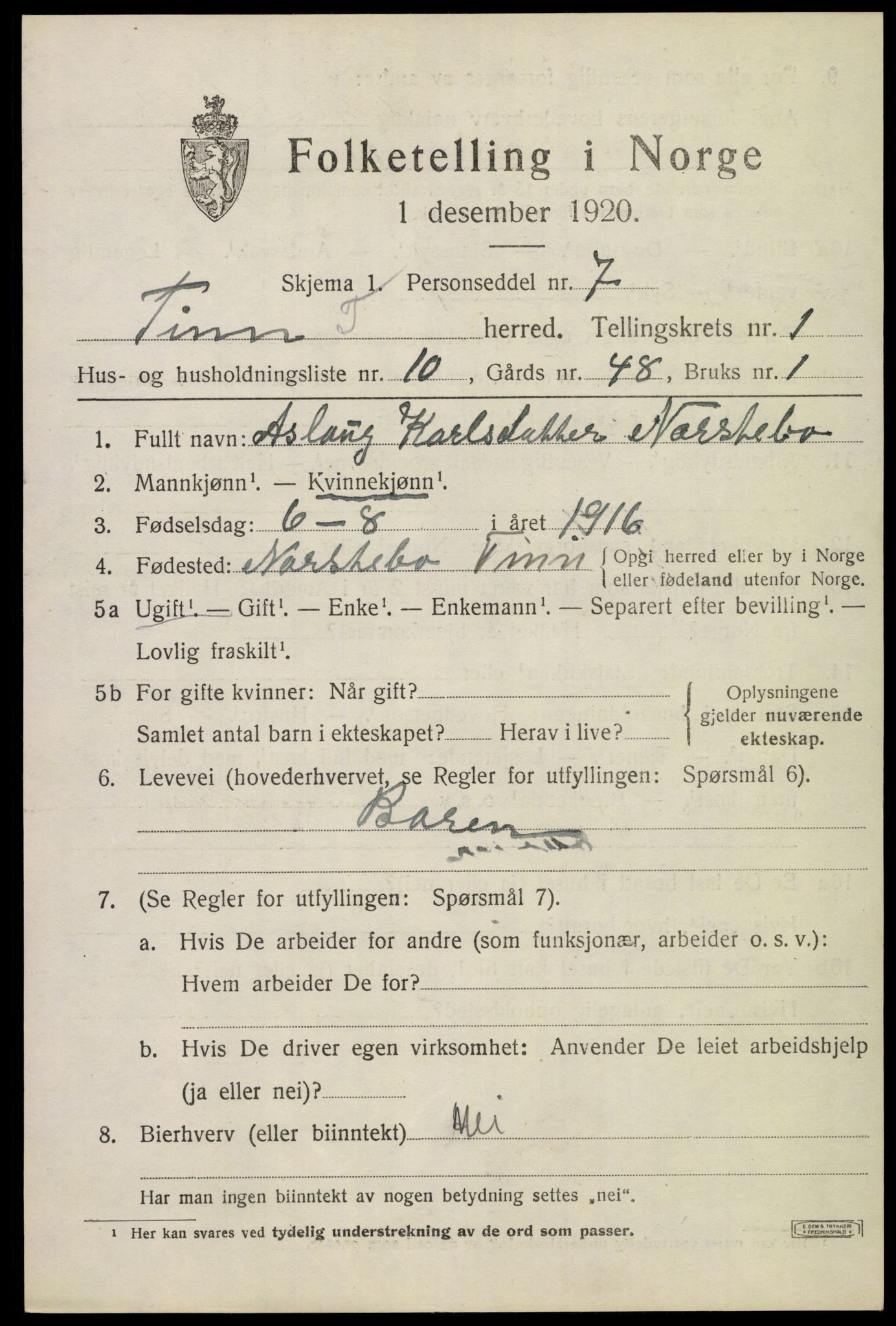 SAKO, 1920 census for Tinn, 1920, p. 2808