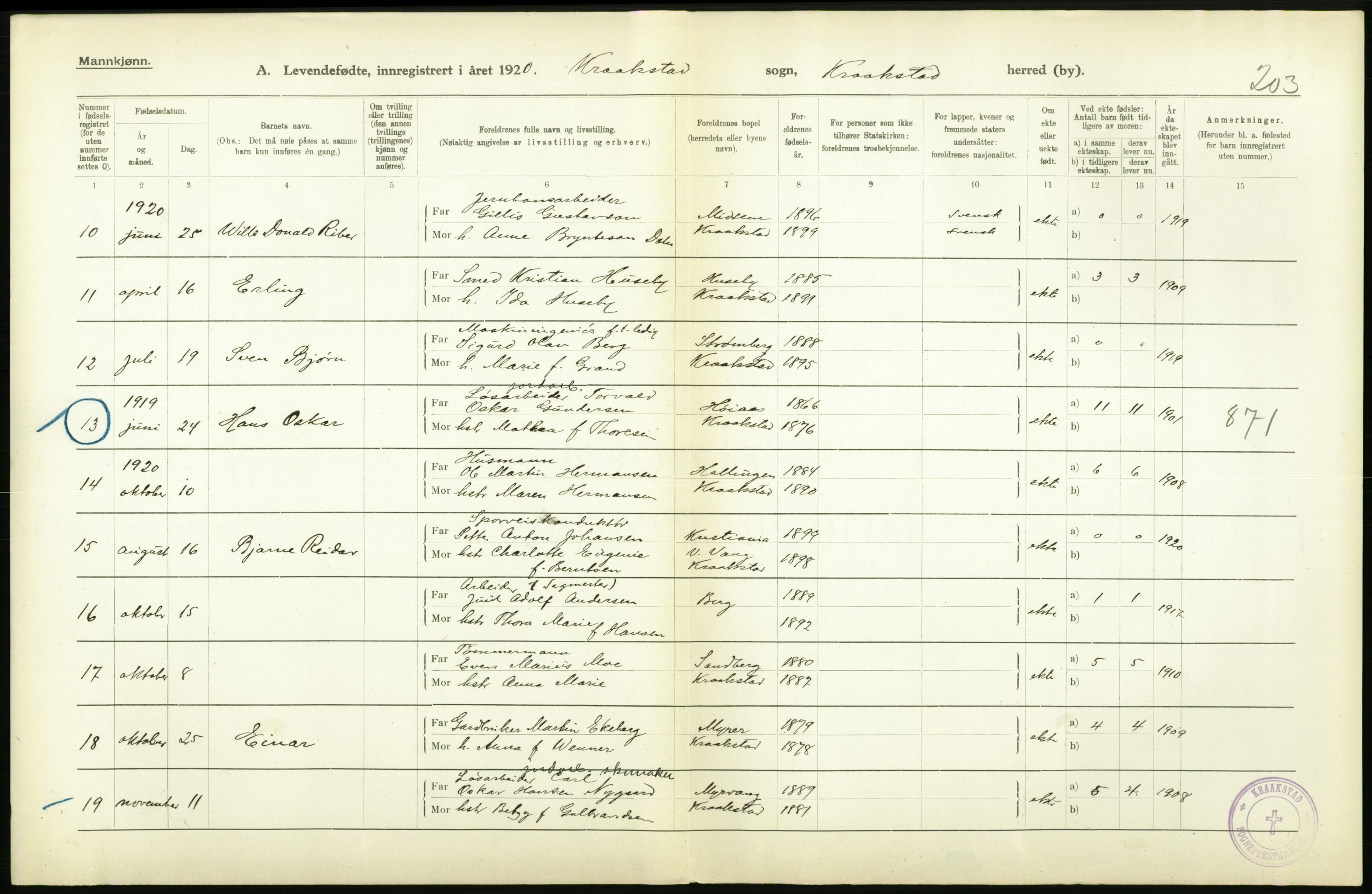 Statistisk sentralbyrå, Sosiodemografiske emner, Befolkning, RA/S-2228/D/Df/Dfb/Dfbj/L0004: Akershus fylke: Levendefødte menn og kvinner. Bygder., 1920, p. 542