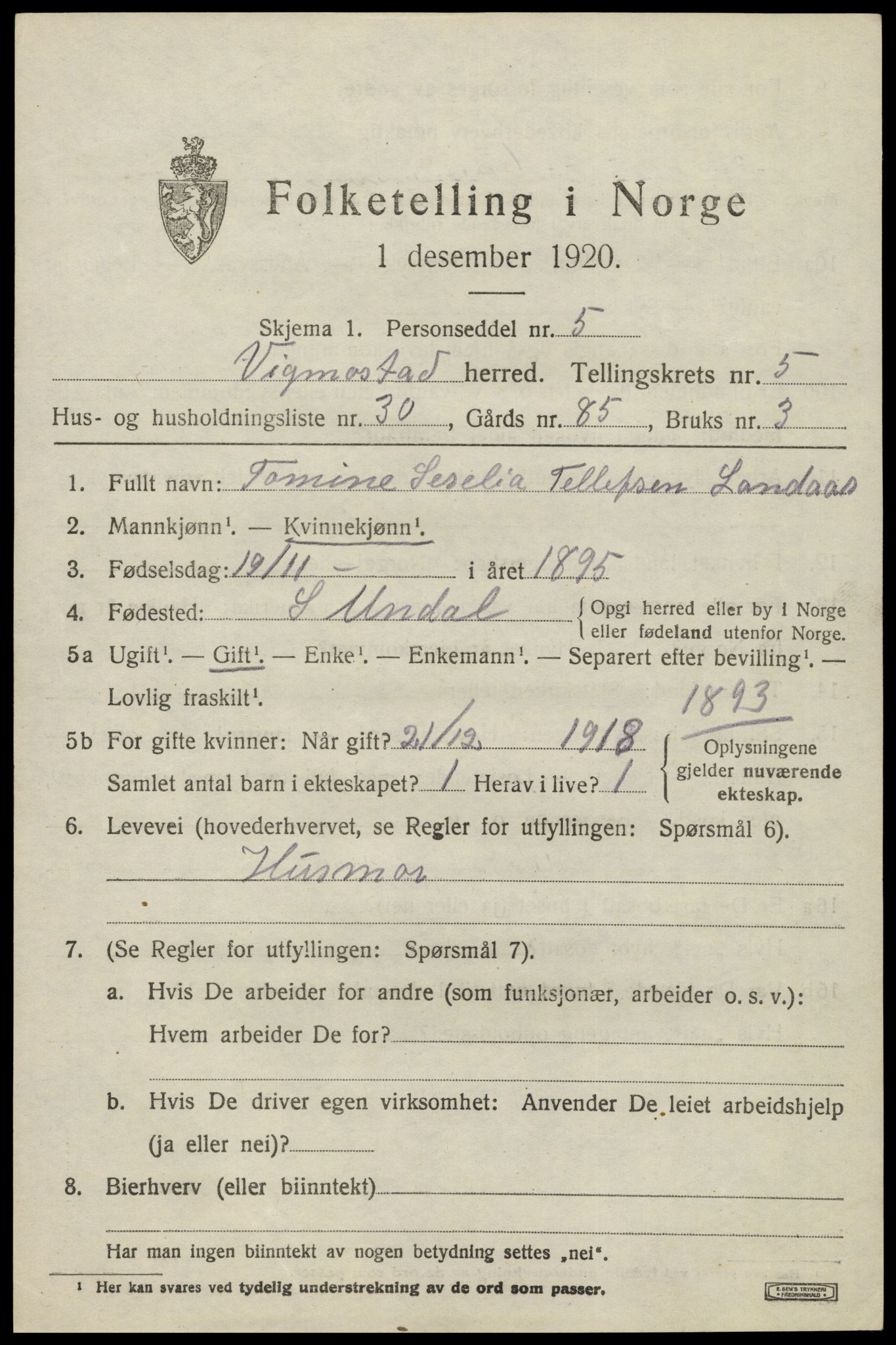 SAK, 1920 census for Vigmostad, 1920, p. 1941