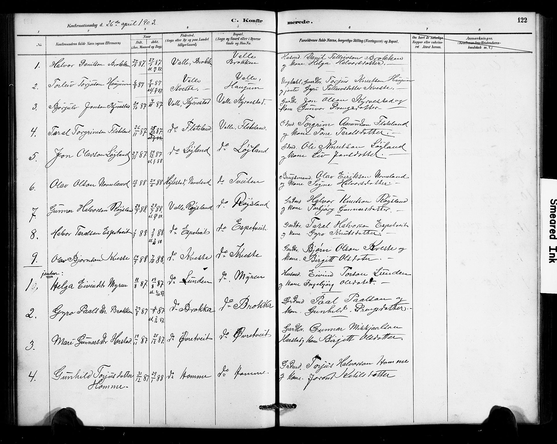 Valle sokneprestkontor, SAK/1111-0044/F/Fb/Fbc/L0004: Parish register (copy) no. B 4, 1890-1928, p. 122