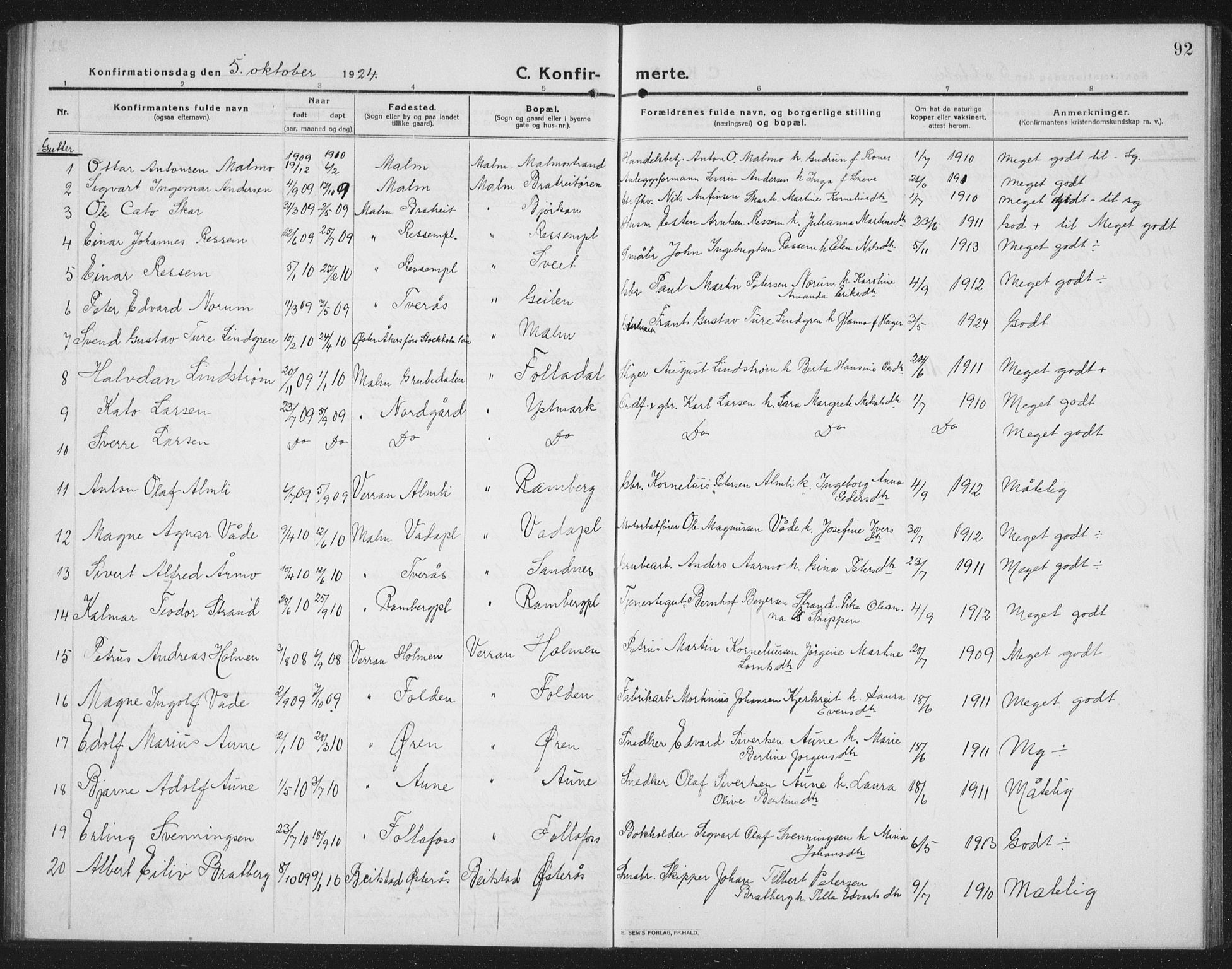 Ministerialprotokoller, klokkerbøker og fødselsregistre - Nord-Trøndelag, SAT/A-1458/745/L0434: Parish register (copy) no. 745C03, 1914-1937, p. 92