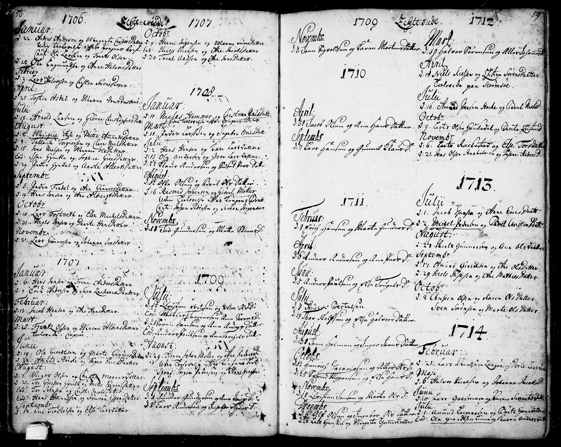 Bamble kirkebøker, SAKO/A-253/F/Fa/L0001: Parish register (official) no. I 1, 1702-1774, p. 58-59