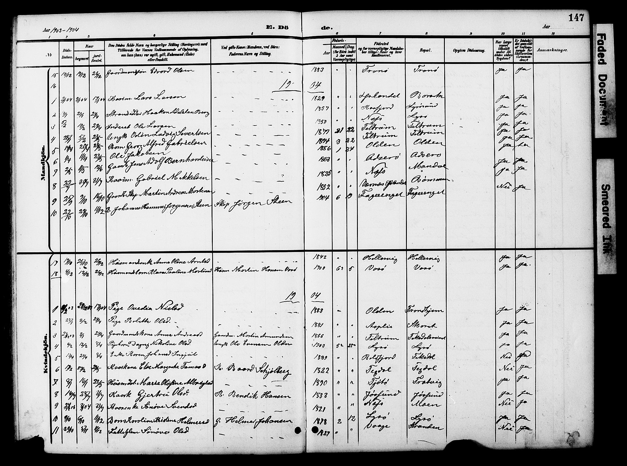 Ministerialprotokoller, klokkerbøker og fødselsregistre - Sør-Trøndelag, AV/SAT-A-1456/654/L0666: Parish register (copy) no. 654C02, 1901-1925, p. 147