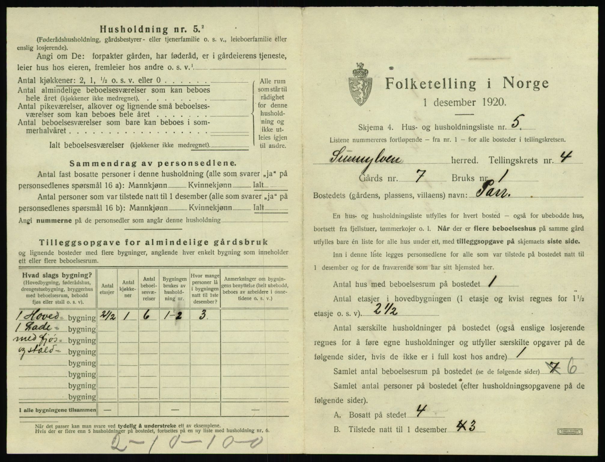 SAT, 1920 census for Sunnylven, 1920, p. 264