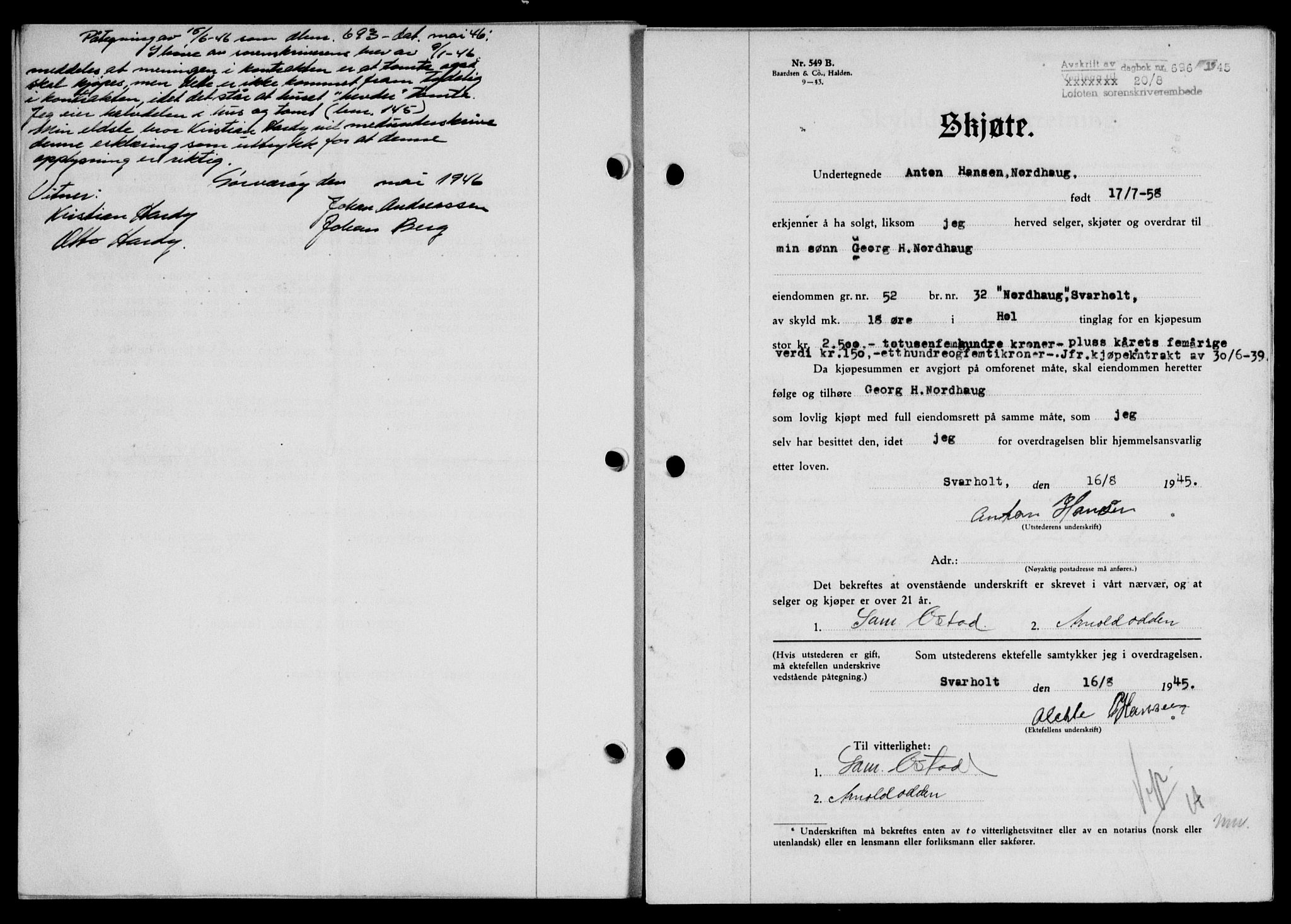 Lofoten sorenskriveri, SAT/A-0017/1/2/2C/L0013a: Mortgage book no. 13a, 1944-1946, Diary no: : 696/1945