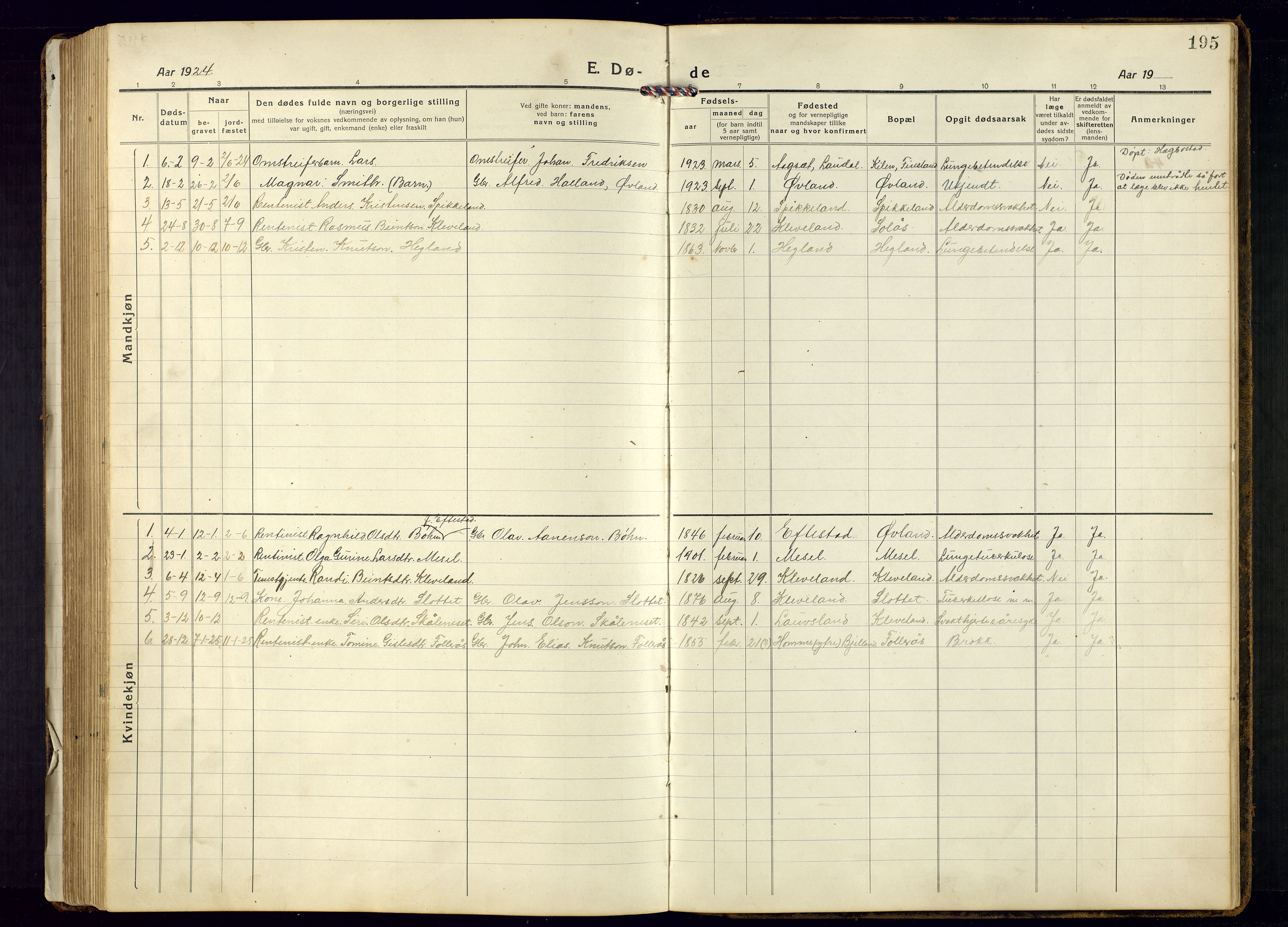 Bjelland sokneprestkontor, SAK/1111-0005/F/Fb/Fbb/L0006: Parish register (copy) no. B-6, 1918-1946, p. 195