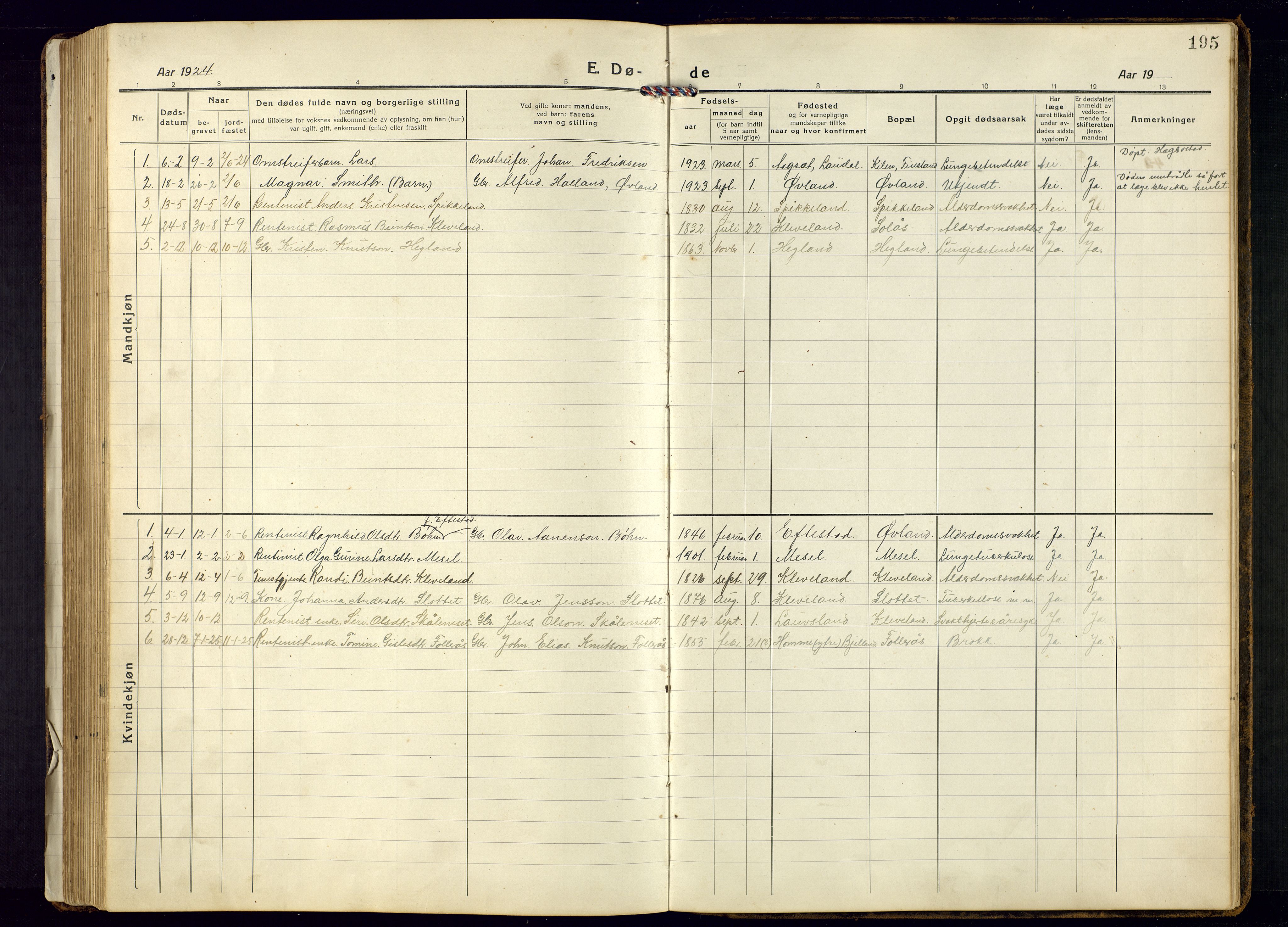 Bjelland sokneprestkontor, AV/SAK-1111-0005/F/Fb/Fbb/L0006: Parish register (copy) no. B-6, 1918-1946, p. 195