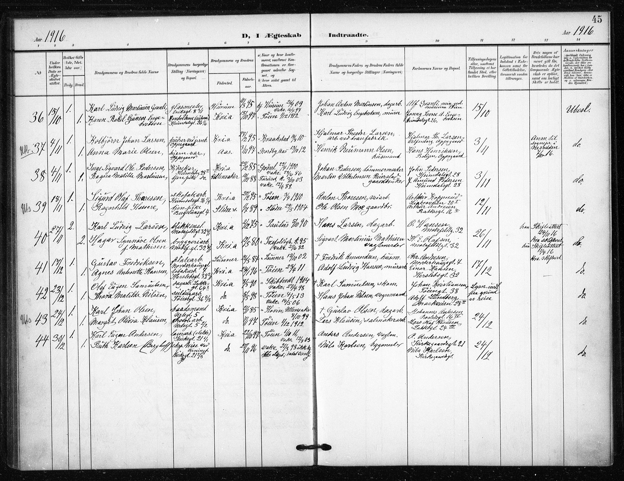 Tøyen prestekontor Kirkebøker, AV/SAO-A-10167a/F/Fa/L0002: Parish register (official) no. I 2, 1907-1916, p. 45