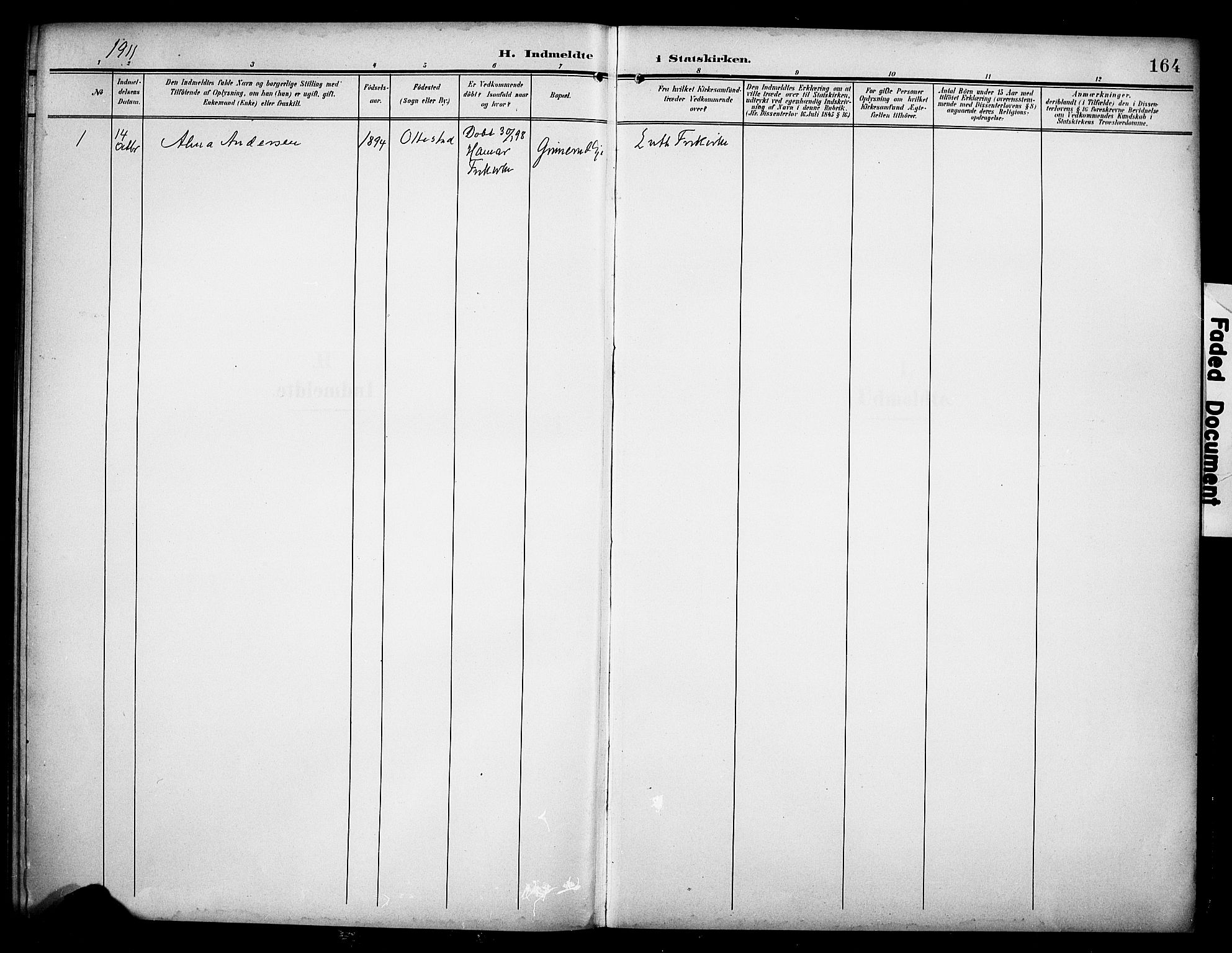 Stange prestekontor, SAH/PREST-002/K/L0022: Parish register (official) no. 22, 1903-1914, p. 164
