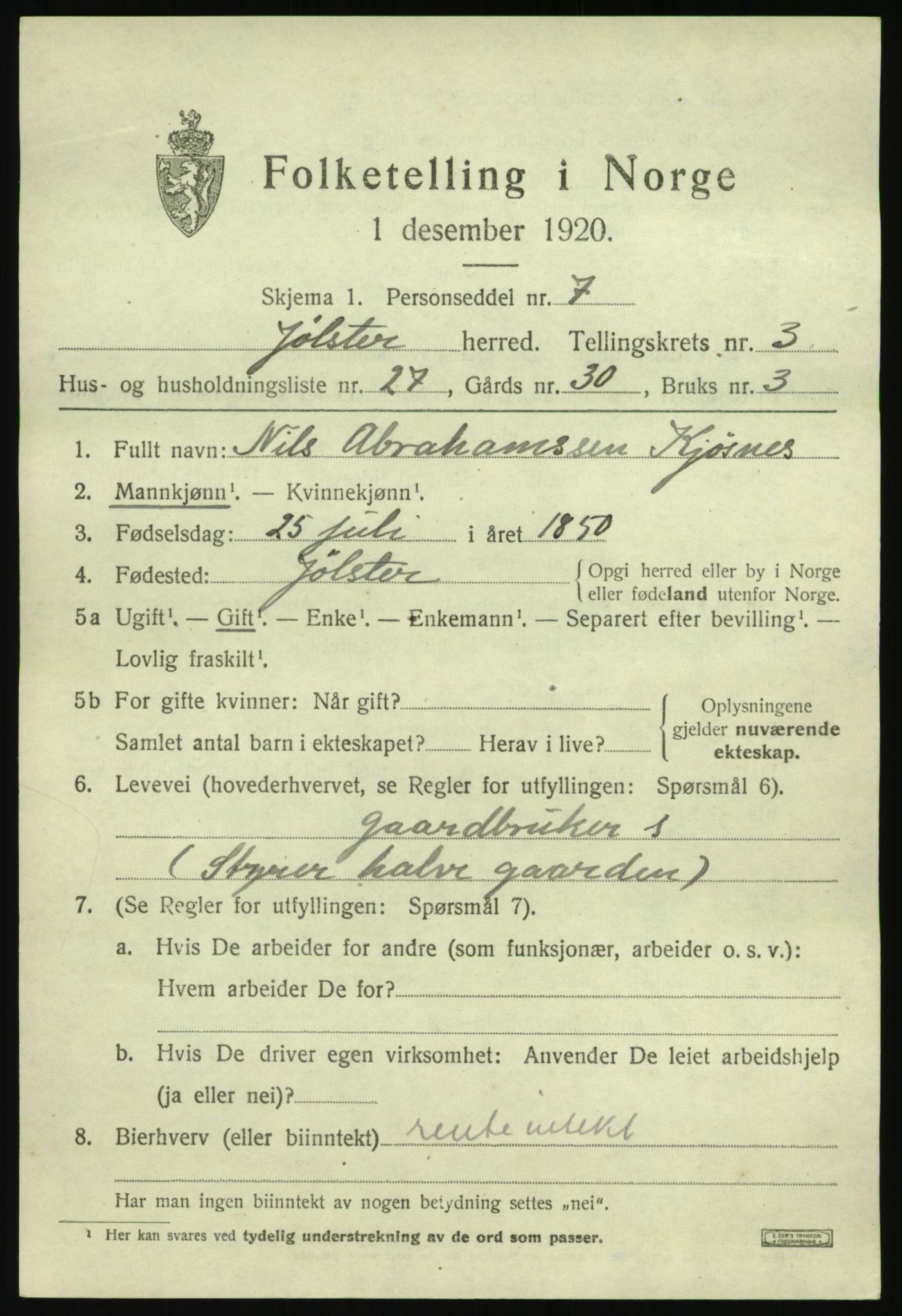 SAB, 1920 census for Jølster, 1920, p. 2356