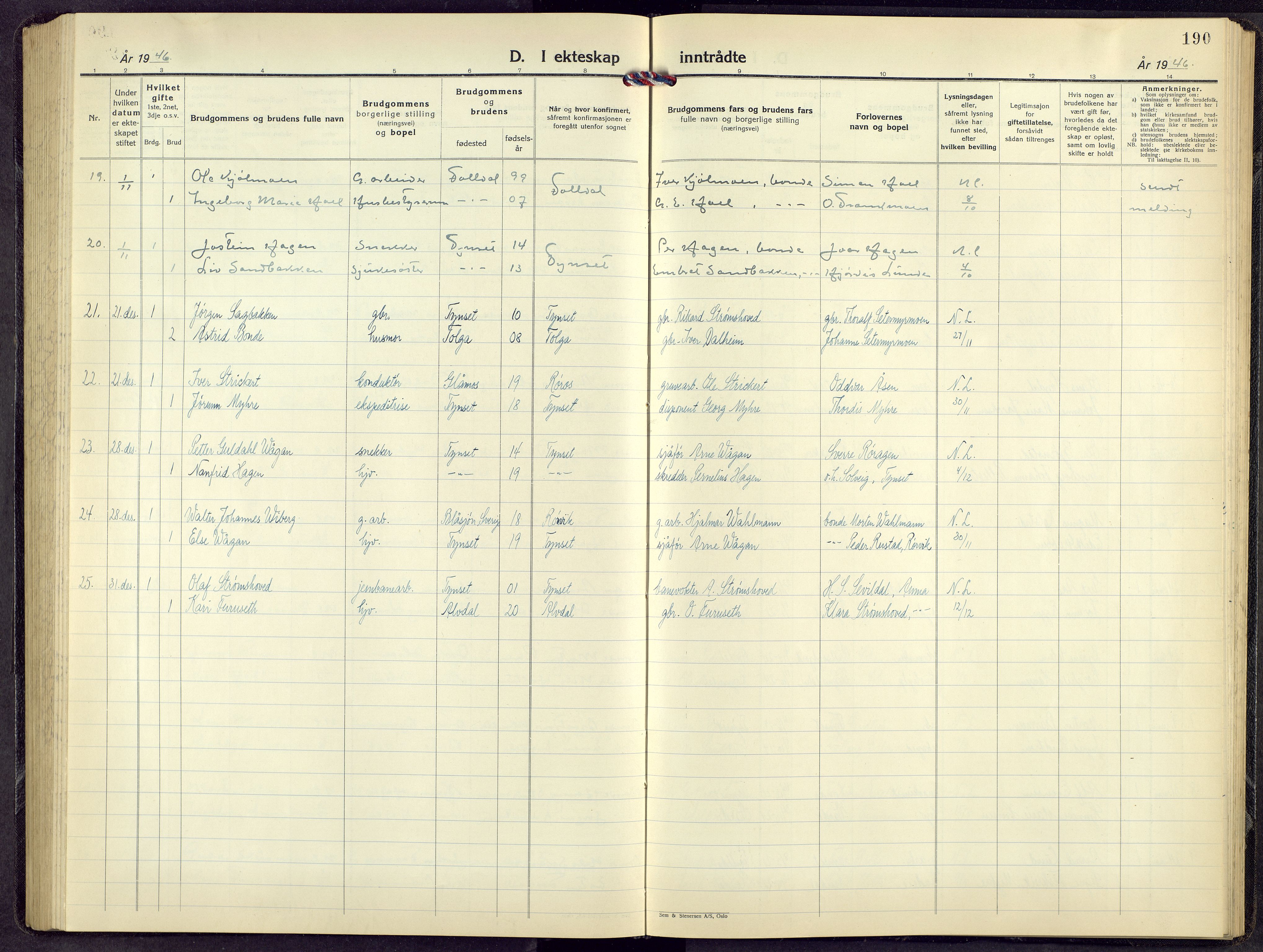 Tynset prestekontor, AV/SAH-PREST-058/H/Ha/Hab/L0014: Parish register (copy) no. 14, 1944-1960, p. 190