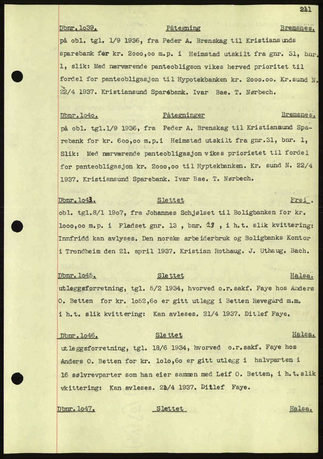 Nordmøre sorenskriveri, AV/SAT-A-4132/1/2/2Ca: Mortgage book no. C80, 1936-1939, Diary no: : 1039/1937