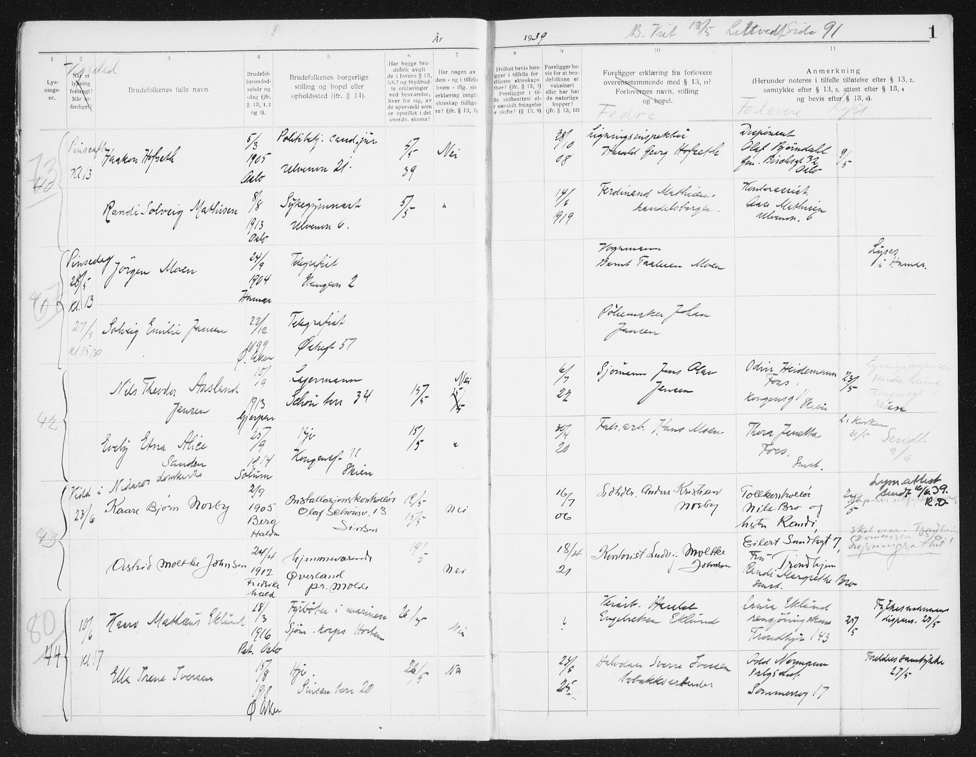 Østre Aker prestekontor Kirkebøker, SAO/A-10840/H/Ha/L0009: Banns register no. I 9, 1939-1942, p. 1