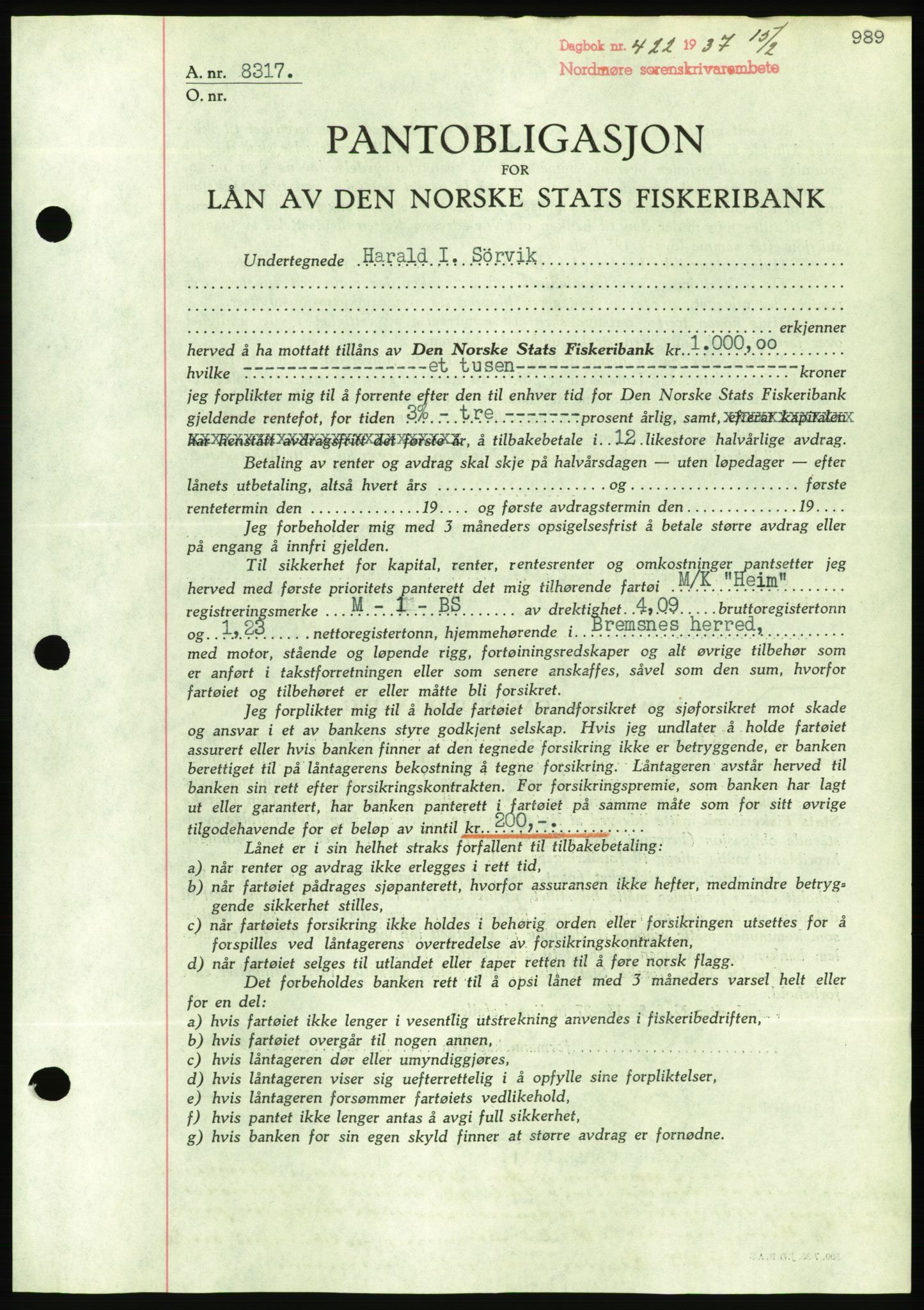 Nordmøre sorenskriveri, AV/SAT-A-4132/1/2/2Ca/L0090: Mortgage book no. B80, 1936-1937, Diary no: : 422/1937