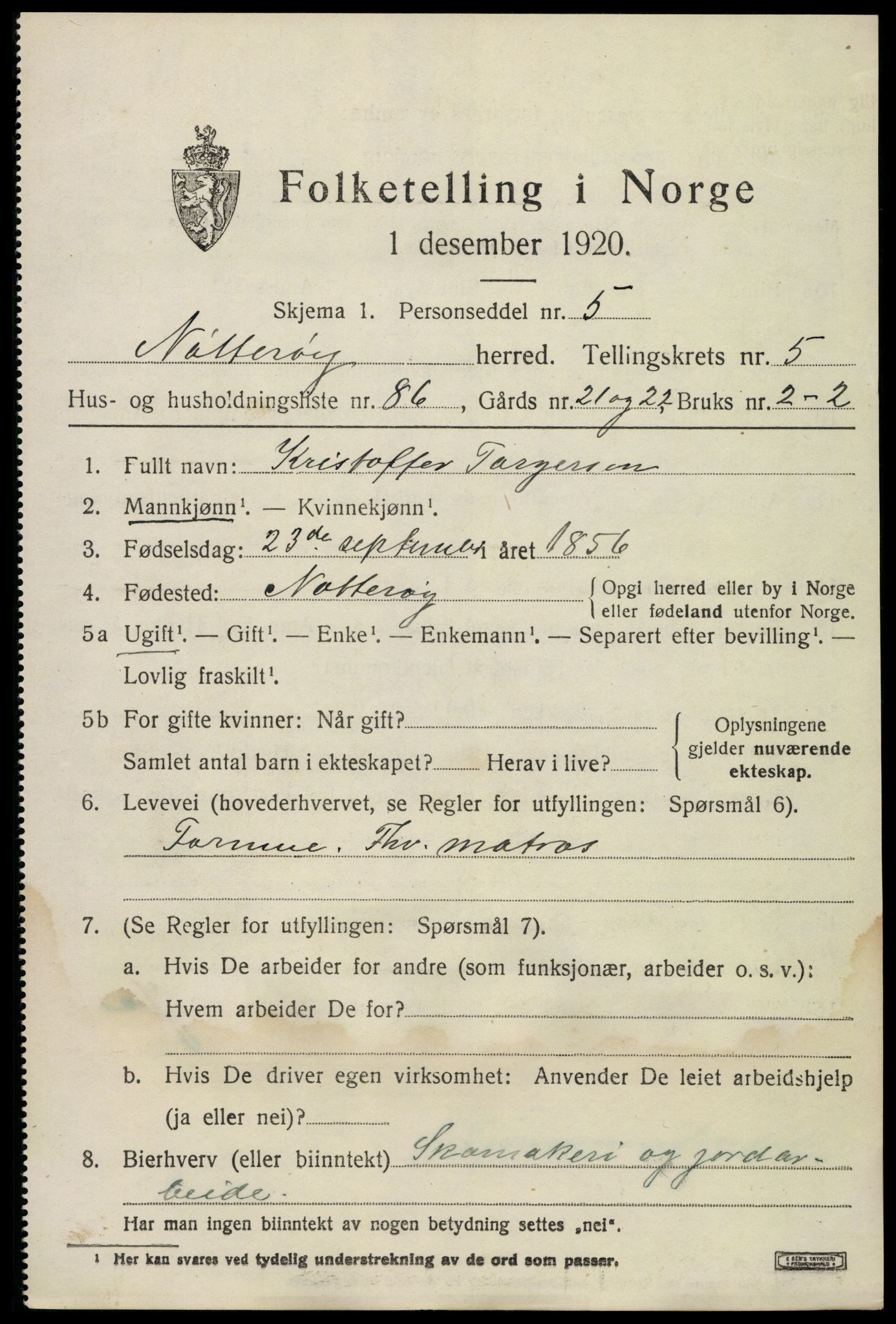 SAKO, 1920 census for Nøtterøy, 1920, p. 8393