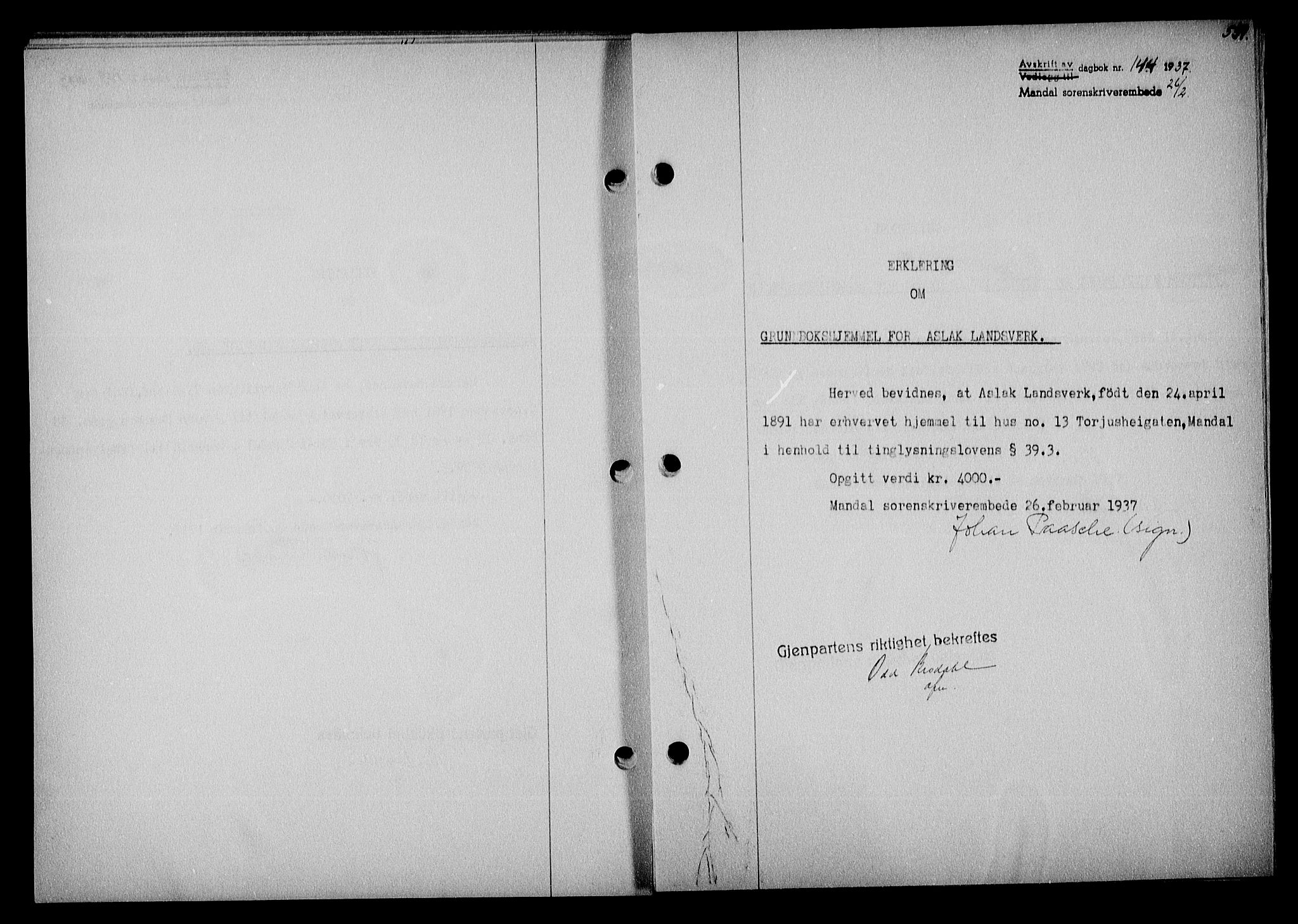 Mandal sorenskriveri, SAK/1221-0005/001/G/Gb/Gba/L0070: Mortgage book no. A-7, 1936-1937, Diary no: : 144/1937