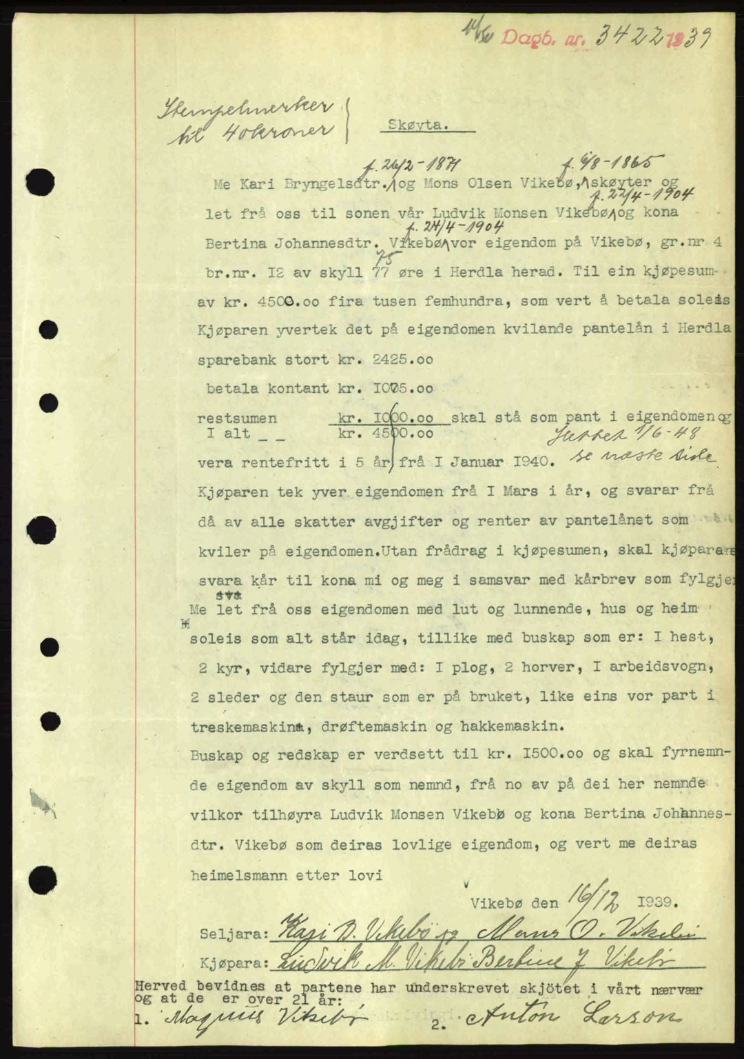 Nordhordland sorenskrivar, AV/SAB-A-2901/1/G/Gb/Gbf/L0010: Mortgage book no. A10, 1939-1940, Diary no: : 3422/1939