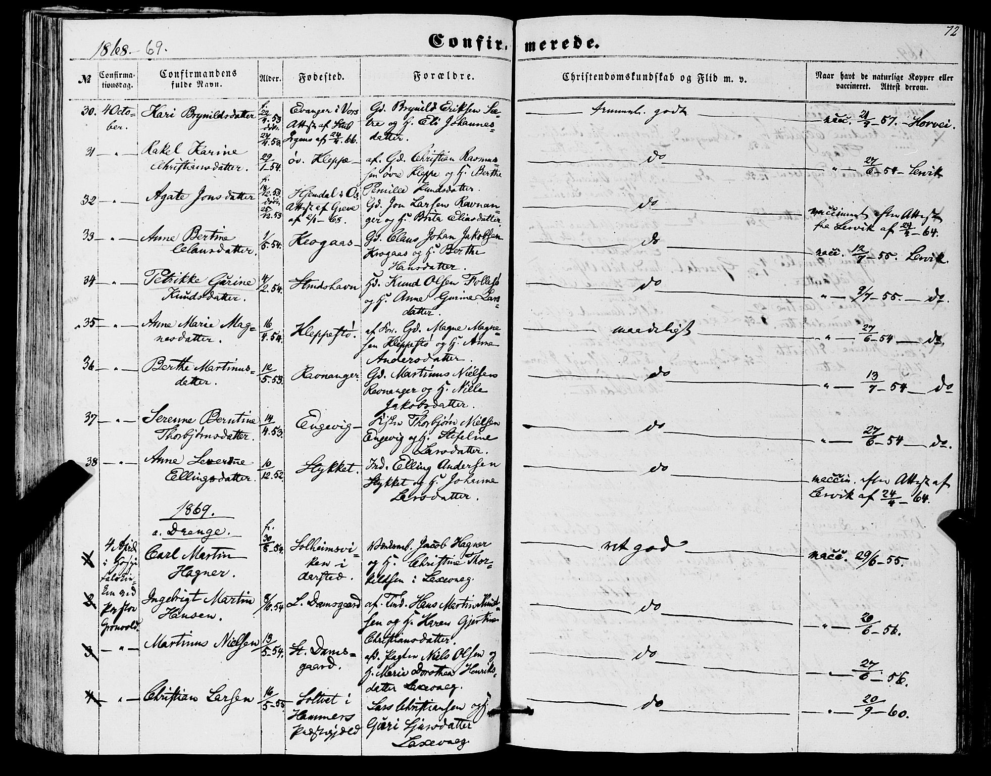 Askøy Sokneprestembete, SAB/A-74101/H/Ha/Haa/Haaa/L0012: Parish register (official) no. A 12, 1855-1877, p. 72