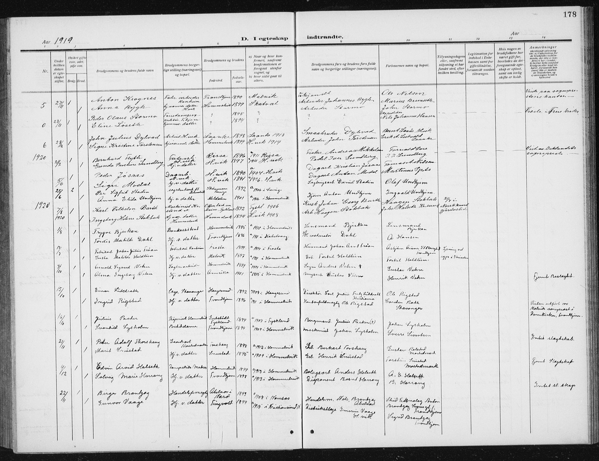 Ministerialprotokoller, klokkerbøker og fødselsregistre - Sør-Trøndelag, SAT/A-1456/617/L0431: Parish register (copy) no. 617C02, 1910-1936, p. 178
